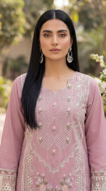 Cotton Embroidered Suit PL01136 Floral Embroidery 3 Pc PINK / SML