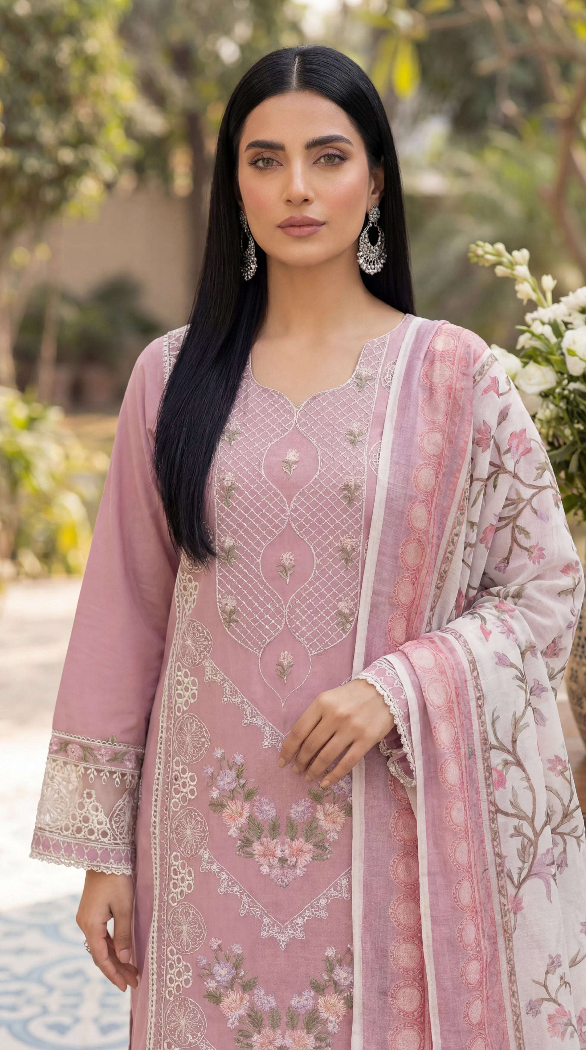 Cotton Embroidered Suit PL01136 Floral Embroidery 3 Pc PINK / SML