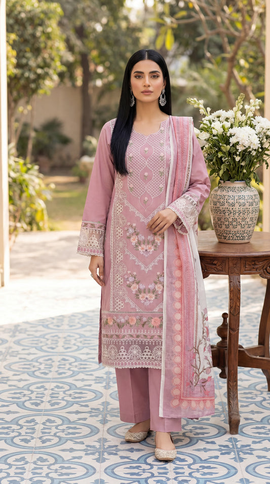Cotton Embroidered Suit PL01136 Floral Embroidery 3 Pc PINK / SML