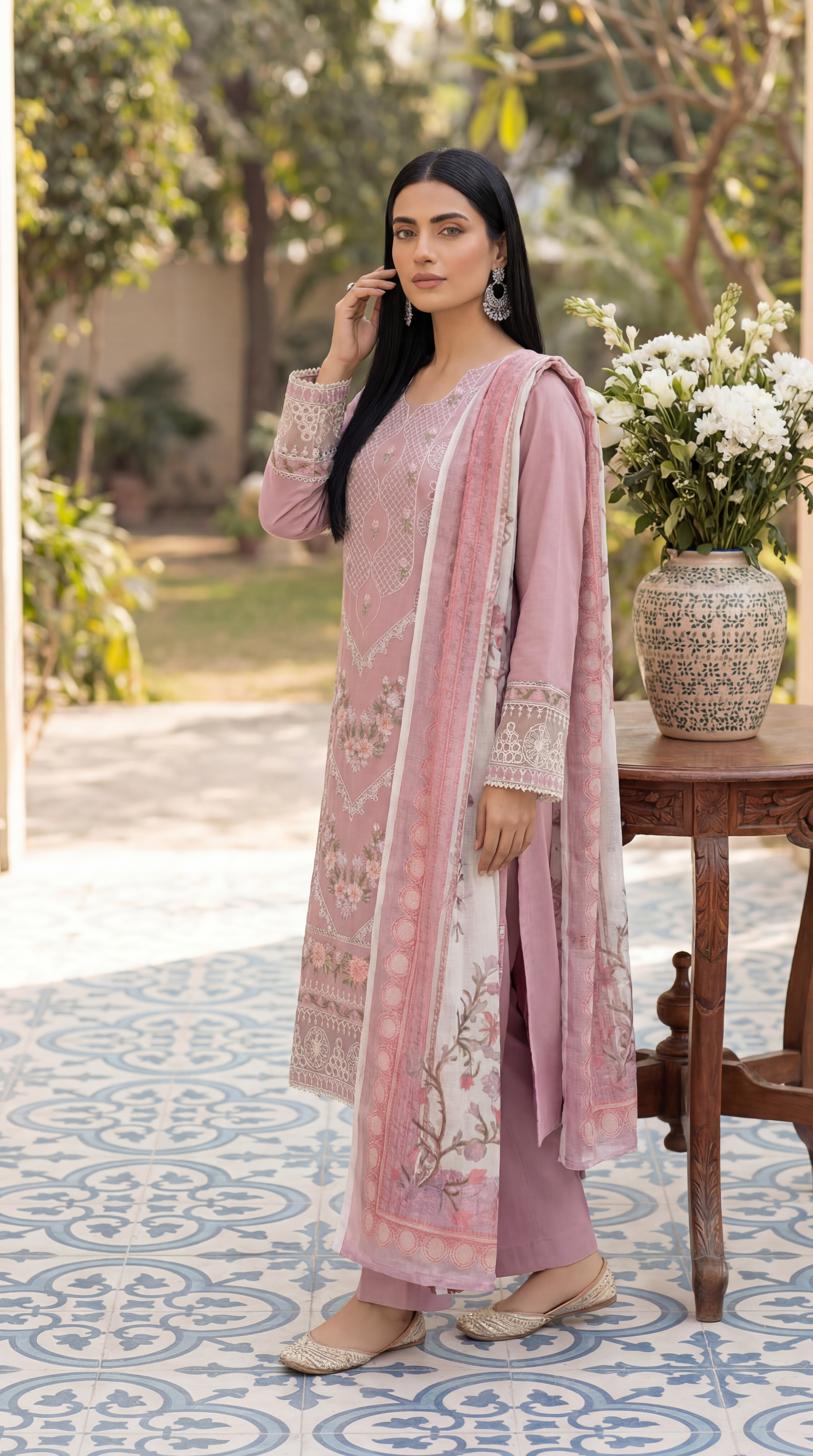 Cotton Embroidered Suit PL01136 Floral Embroidery 3 Pc PINK / SML