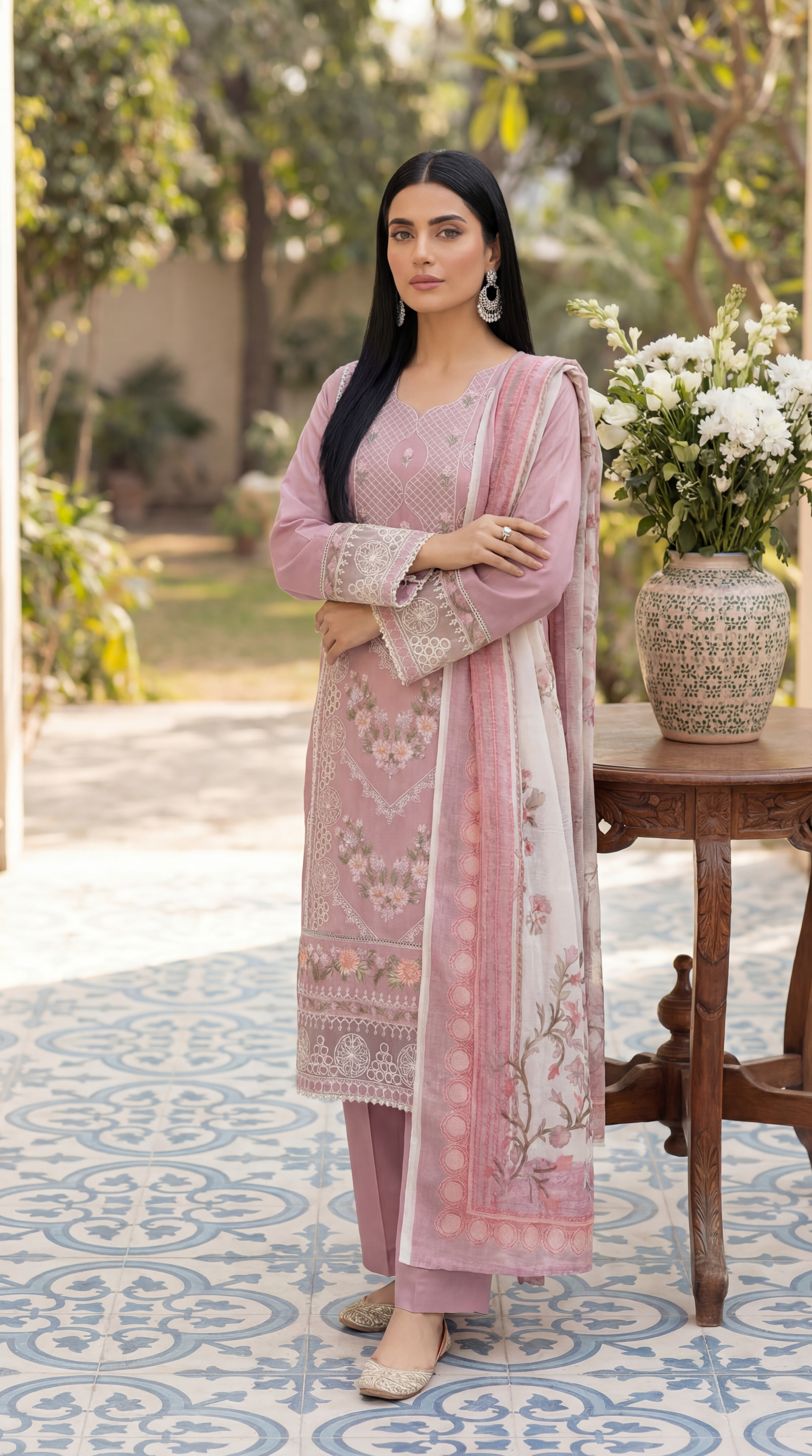 Cotton Embroidered Suit PL01136 Floral Embroidery 3 Pc PINK / SML