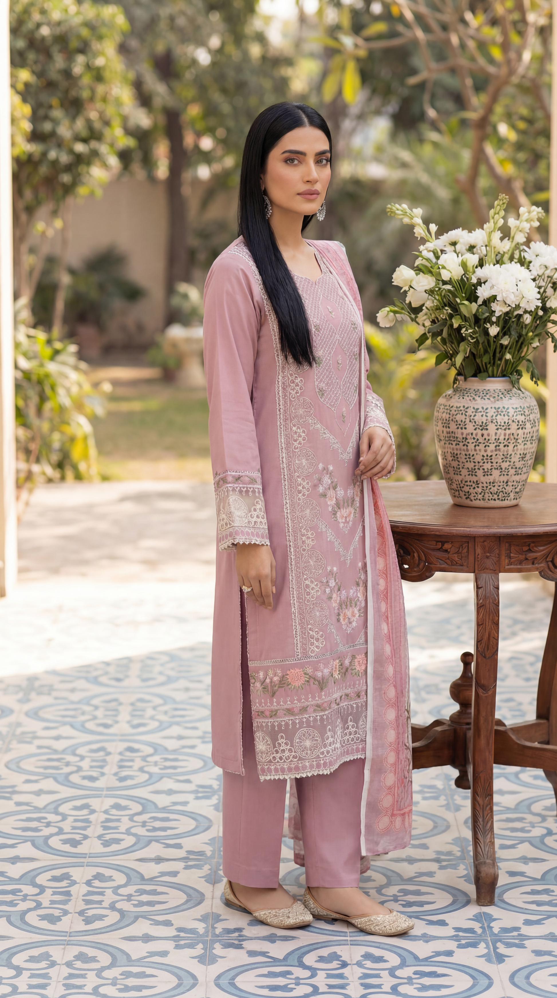 Cotton Embroidered Suit PL01136 Floral Embroidery 3 Pc PINK / SML