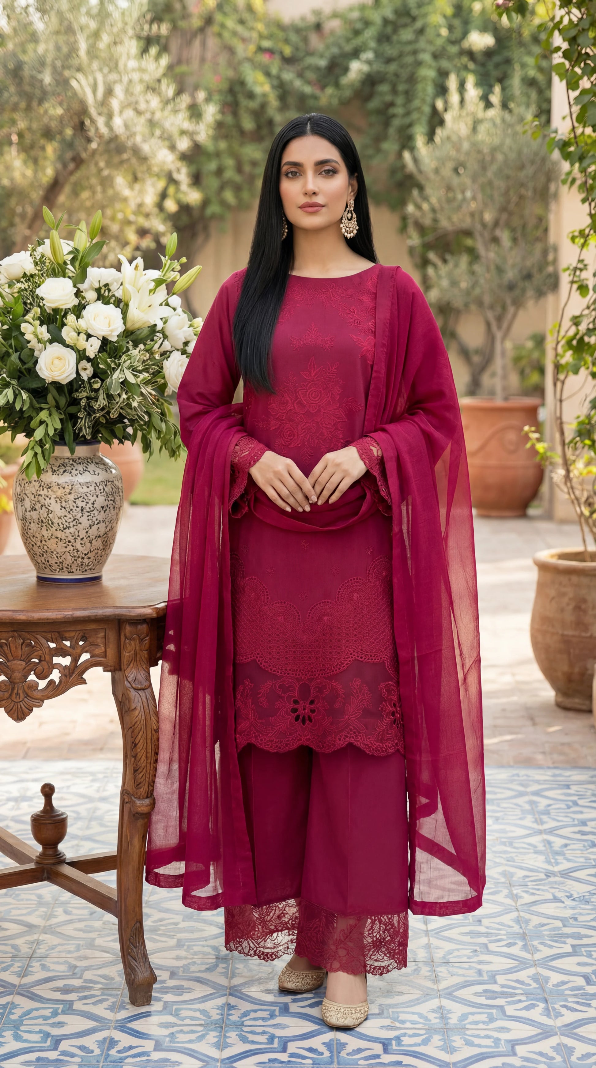 Ladies Cotton Embroidered Suit PL01137 Embroidery 3 Pc SHOKING PINK / SML