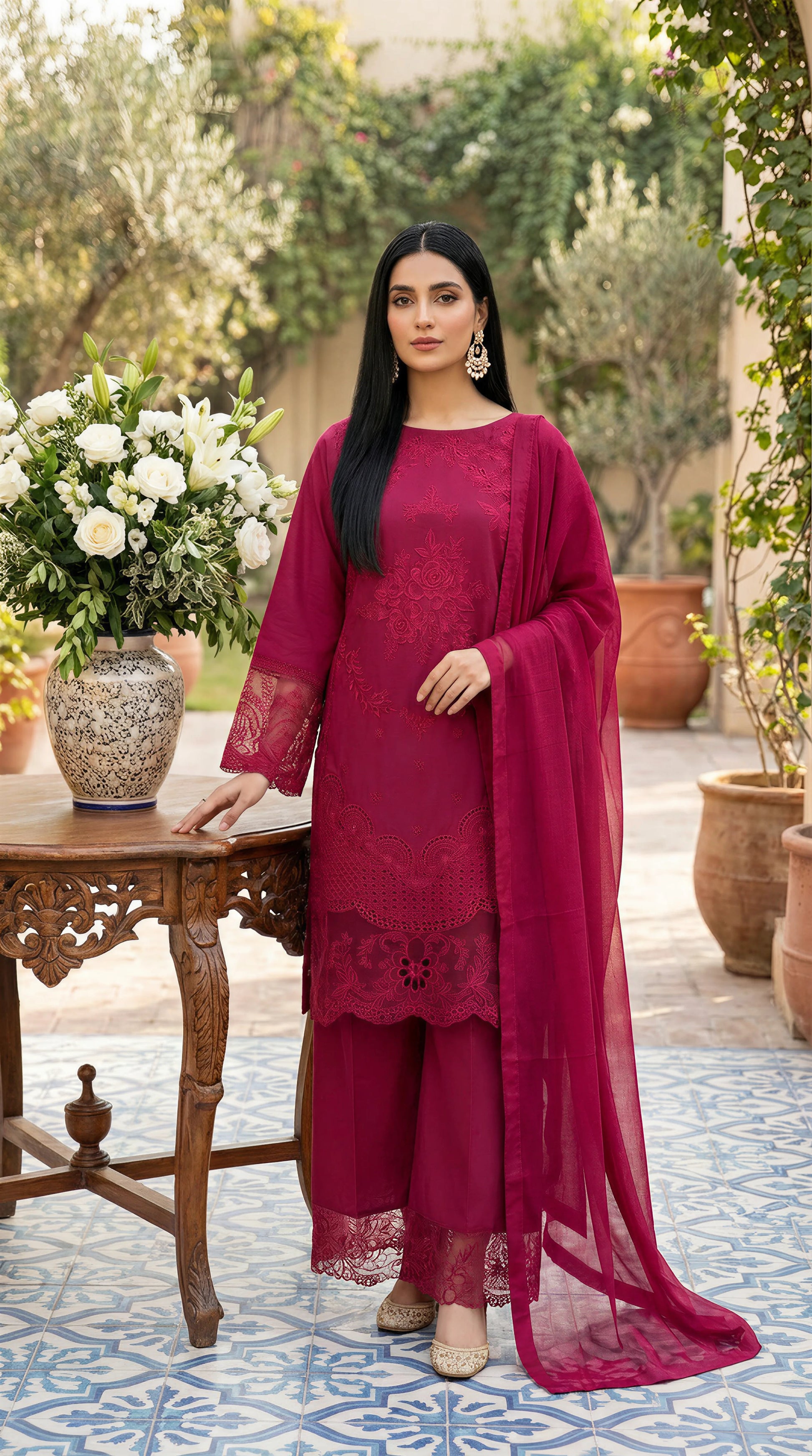 Ladies Cotton Embroidered Suit PL01137 Embroidery 3 Pc SHOKING PINK / SML