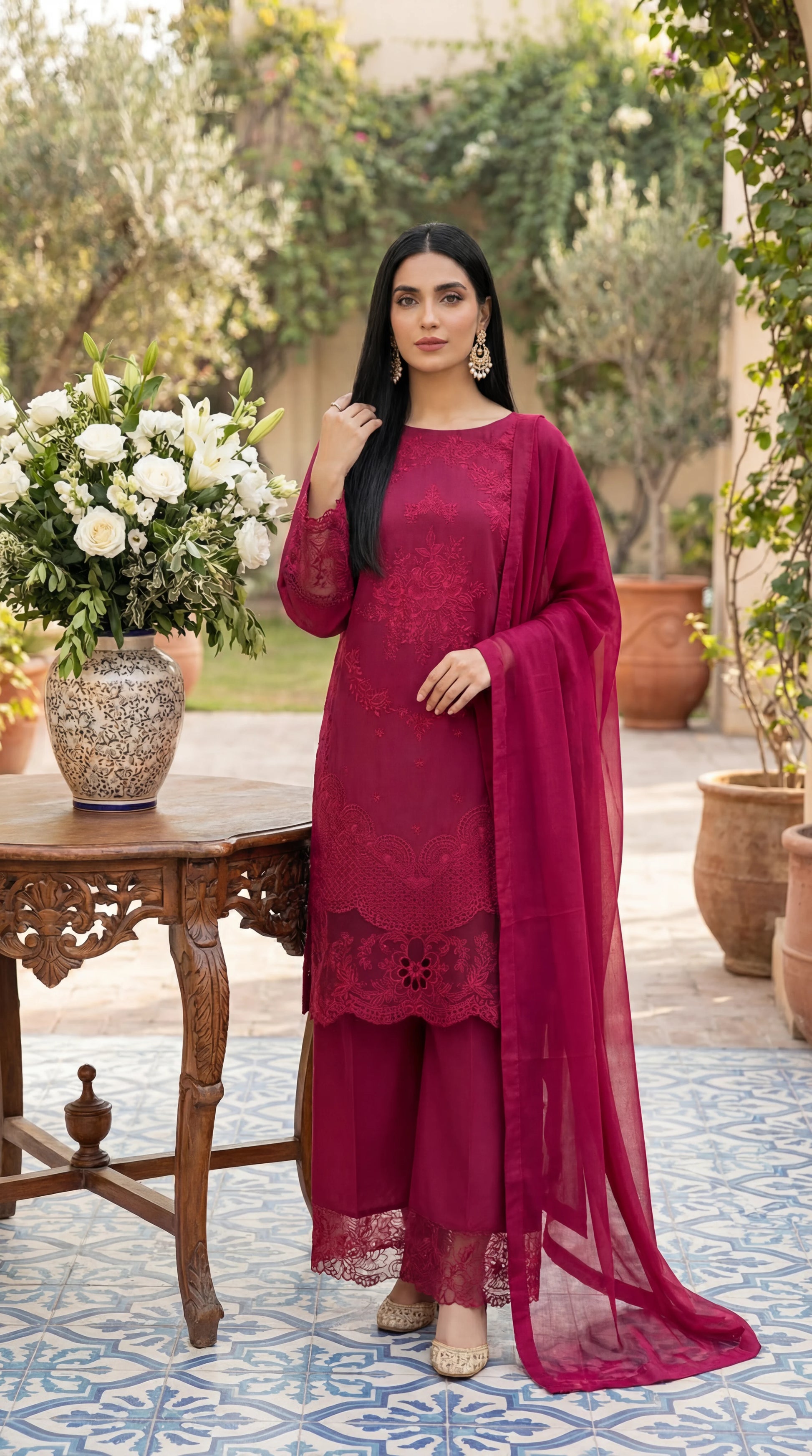 Ladies Cotton Embroidered Suit PL01137 Embroidery 3 Pc SHOKING PINK / SML