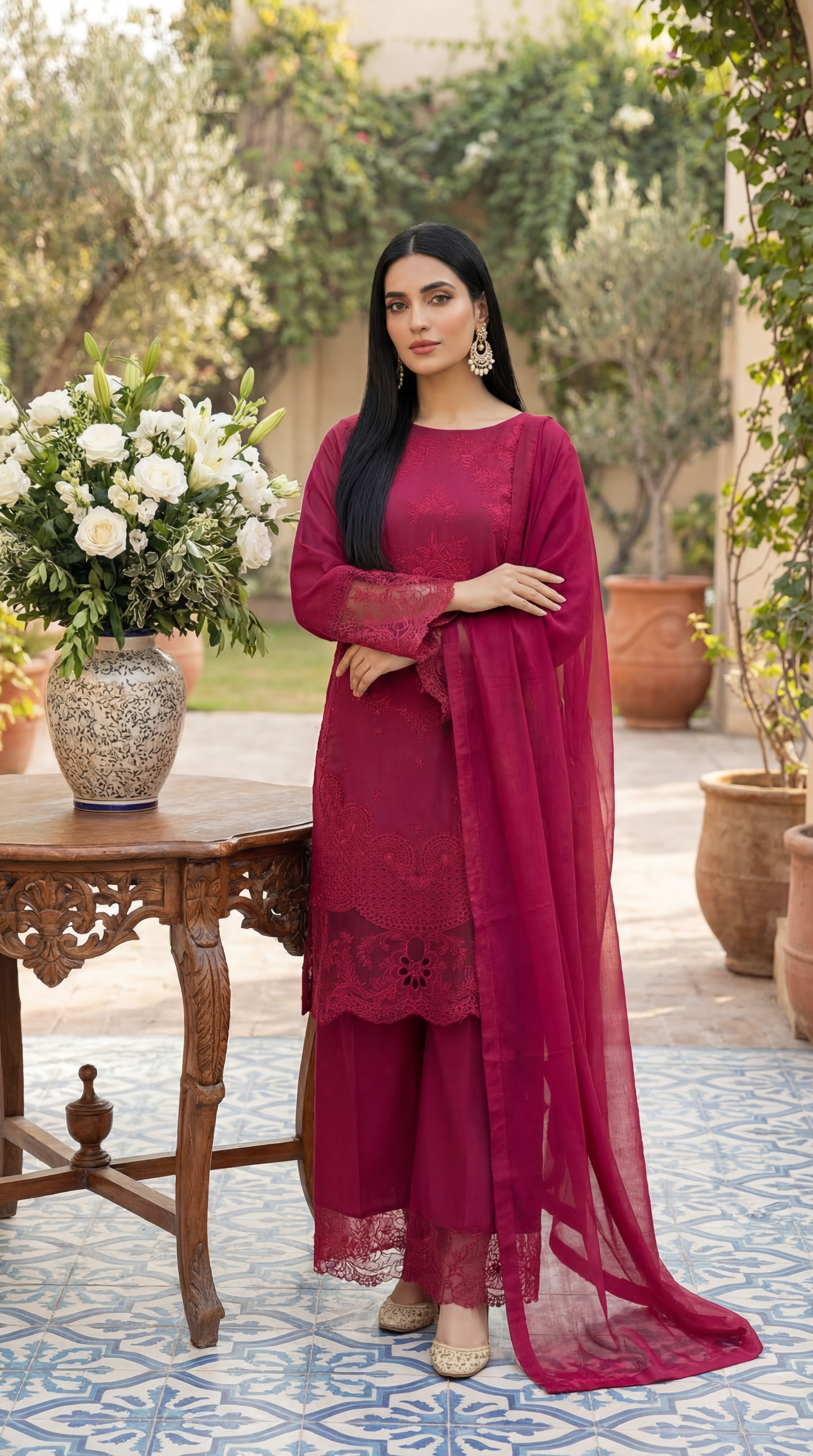 Ladies Cotton Embroidered Suit PL01137 Embroidery 3 Pc SHOKING PINK / SML
