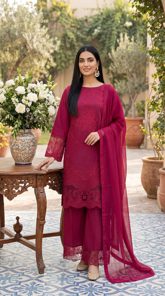 Ladies Cotton Embroidered Suit PL01137 Embroidery 3 Pc SHOKING PINK / SML