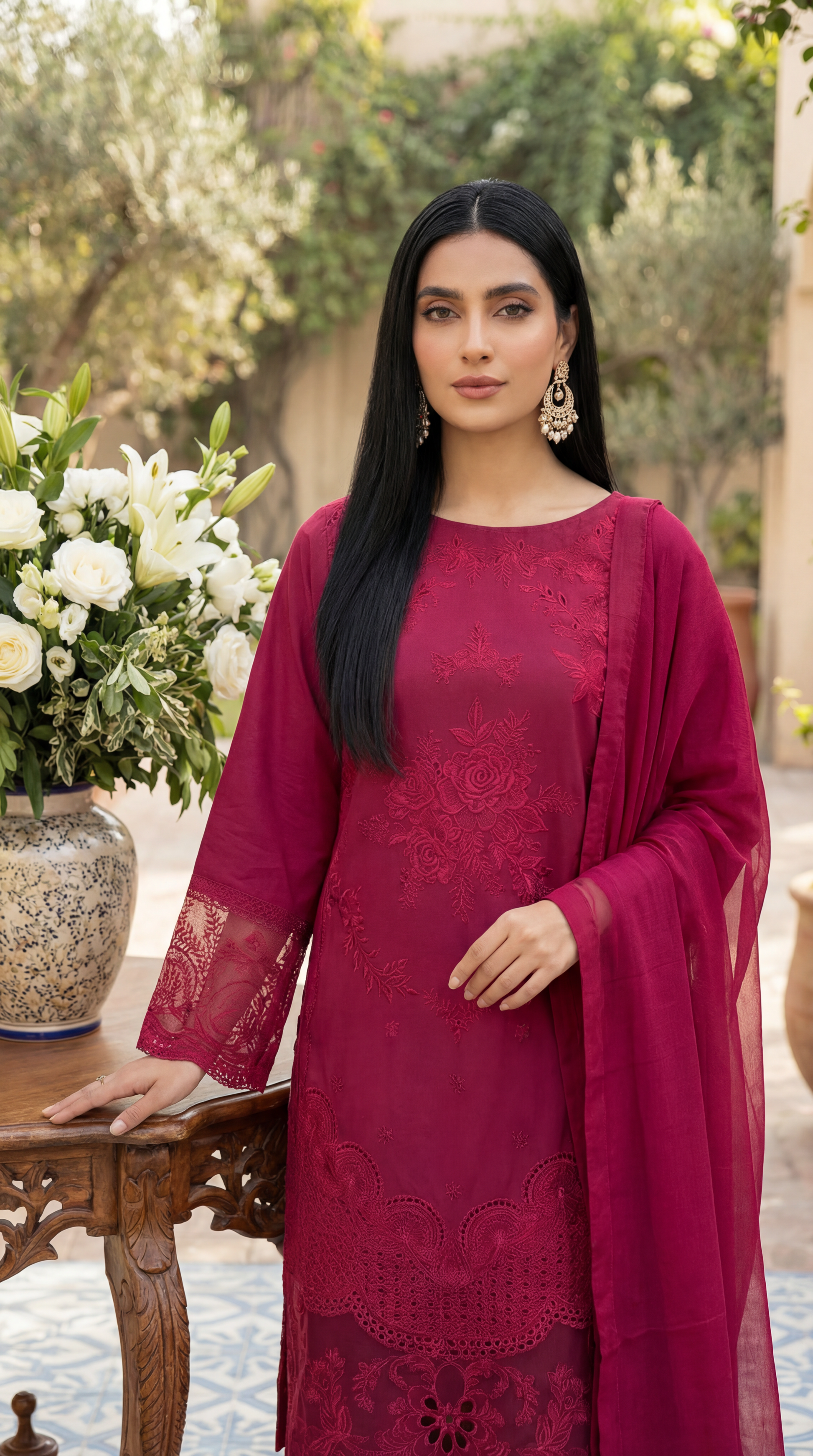 Ladies Cotton Embroidered Suit PL01137 Embroidery 3 Pc SHOKING PINK / SML