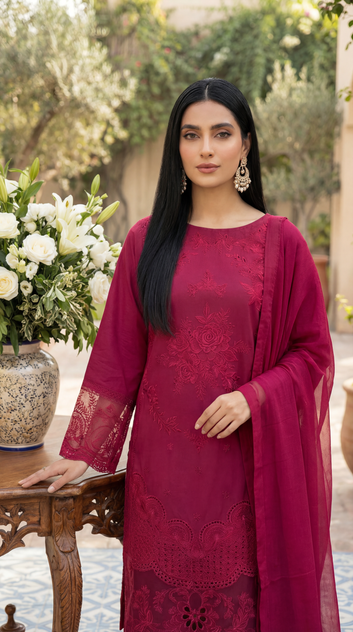 Ladies Cotton Embroidered Suit PL01137 Embroidery 3 Pc SHOKING PINK / SML