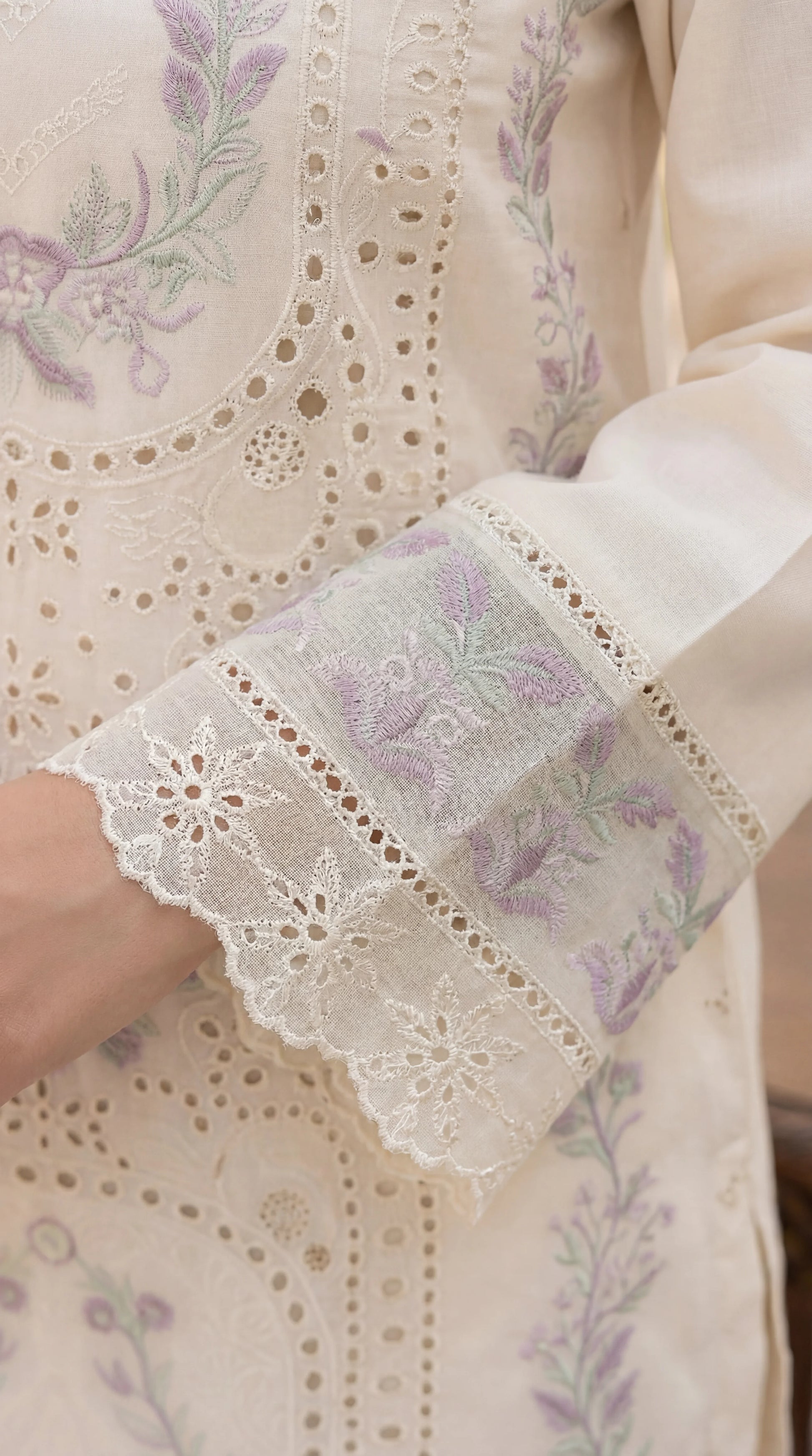 Cotton Embroidered Suit PL01138 Pastel Floral Embroidery 3 Pc CREAM / SML