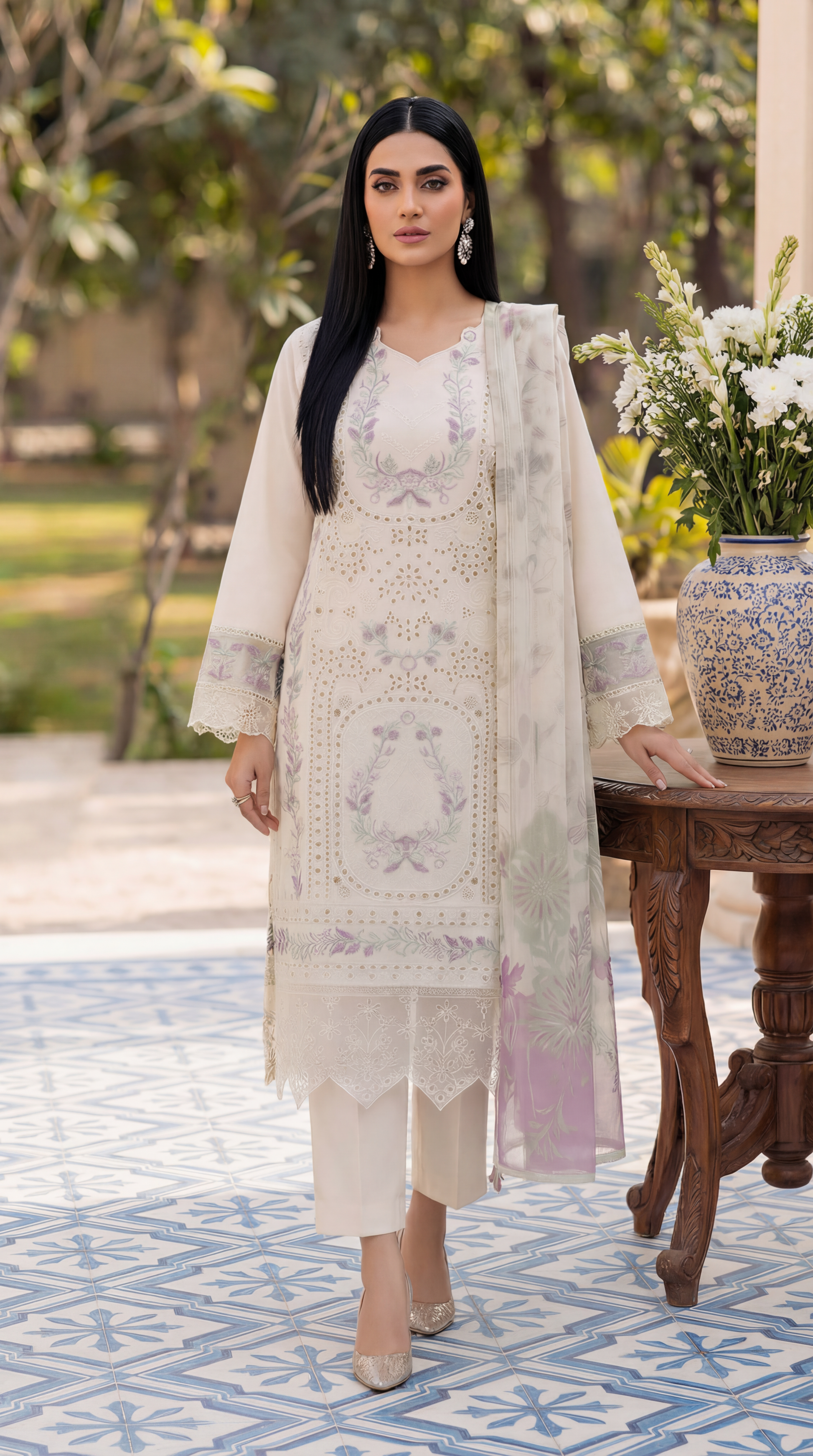 Cotton Embroidered Suit PL01138 Pastel Floral Embroidery 3 Pc CREAM / SML