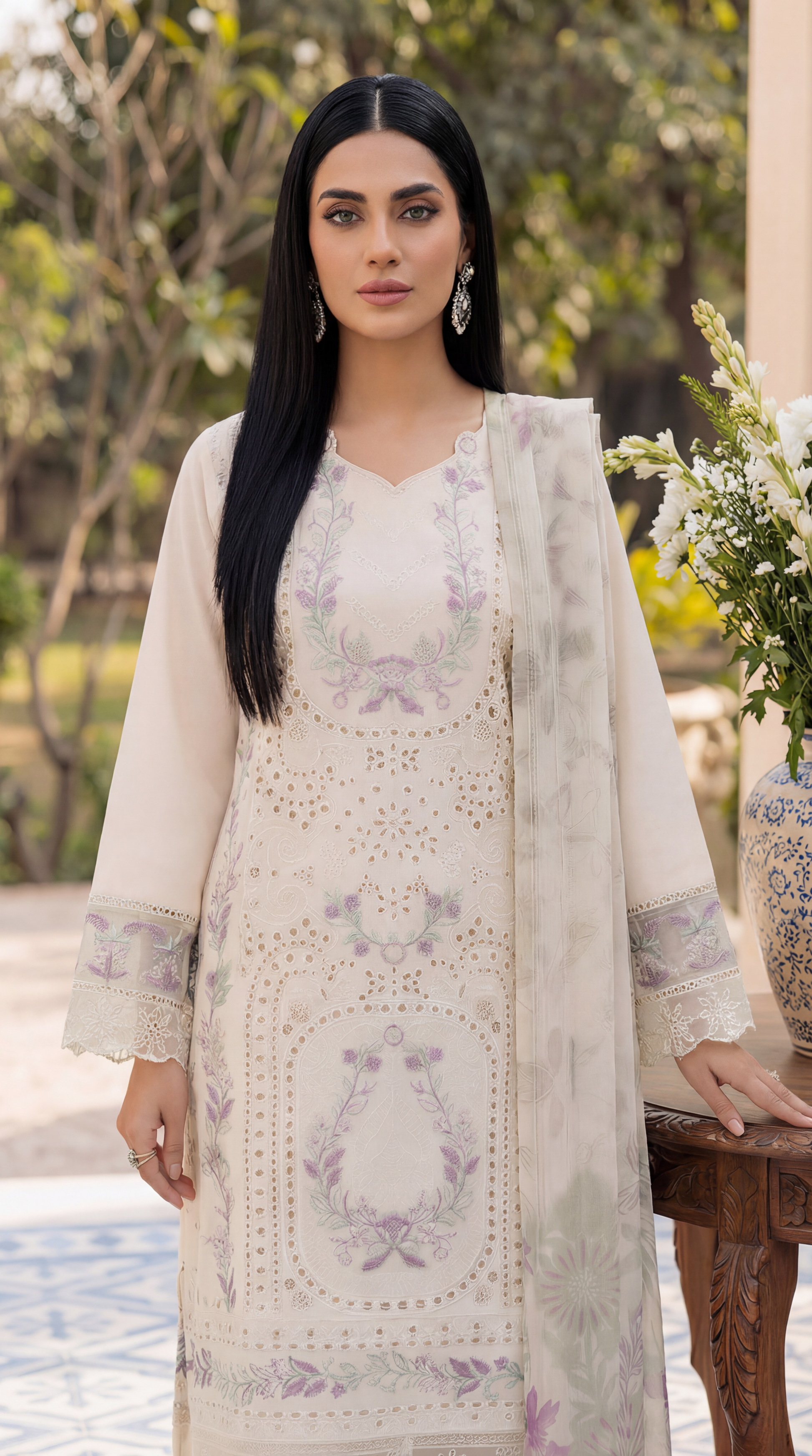 Cotton Embroidered Suit PL01138 Pastel Floral Embroidery 3 Pc CREAM / SML