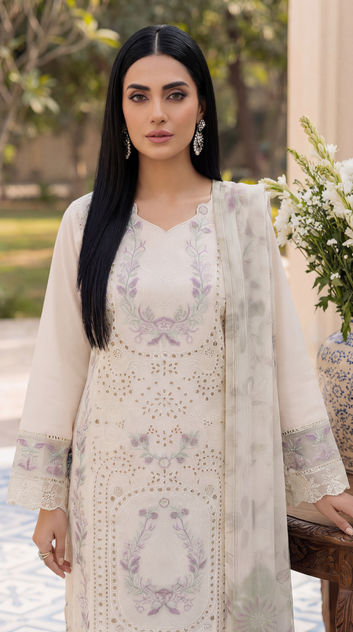 Cotton Embroidered Suit PL01138 Pastel Floral Embroidery 3 Pc CREAM / SML