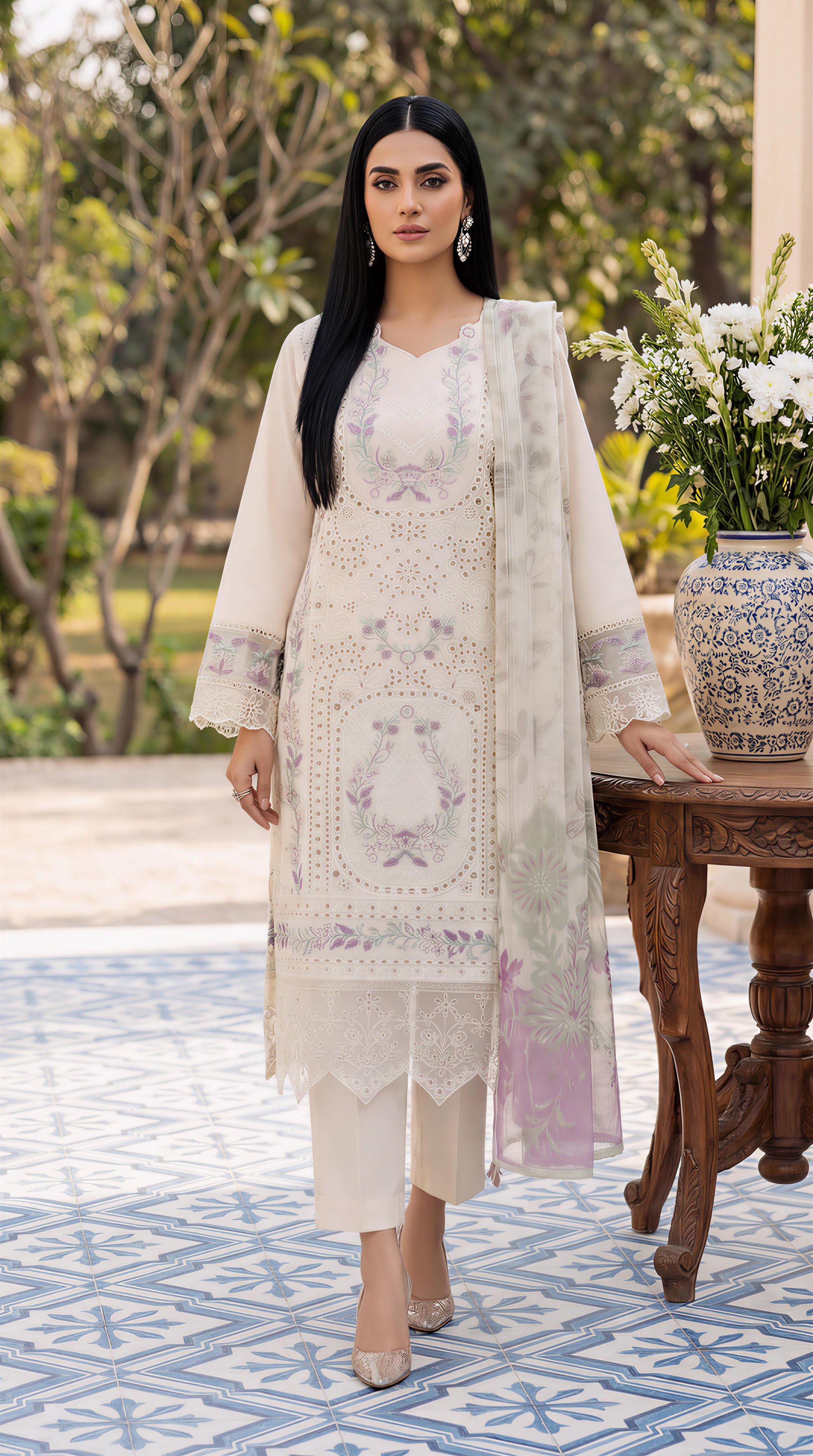 Cotton Embroidered Suit PL01138 Pastel Floral Embroidery 3 Pc CREAM / SML