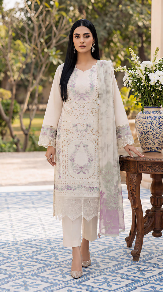 Cotton Embroidered Suit PL01138 Pastel Floral Embroidery 3 Pc CREAM / SML