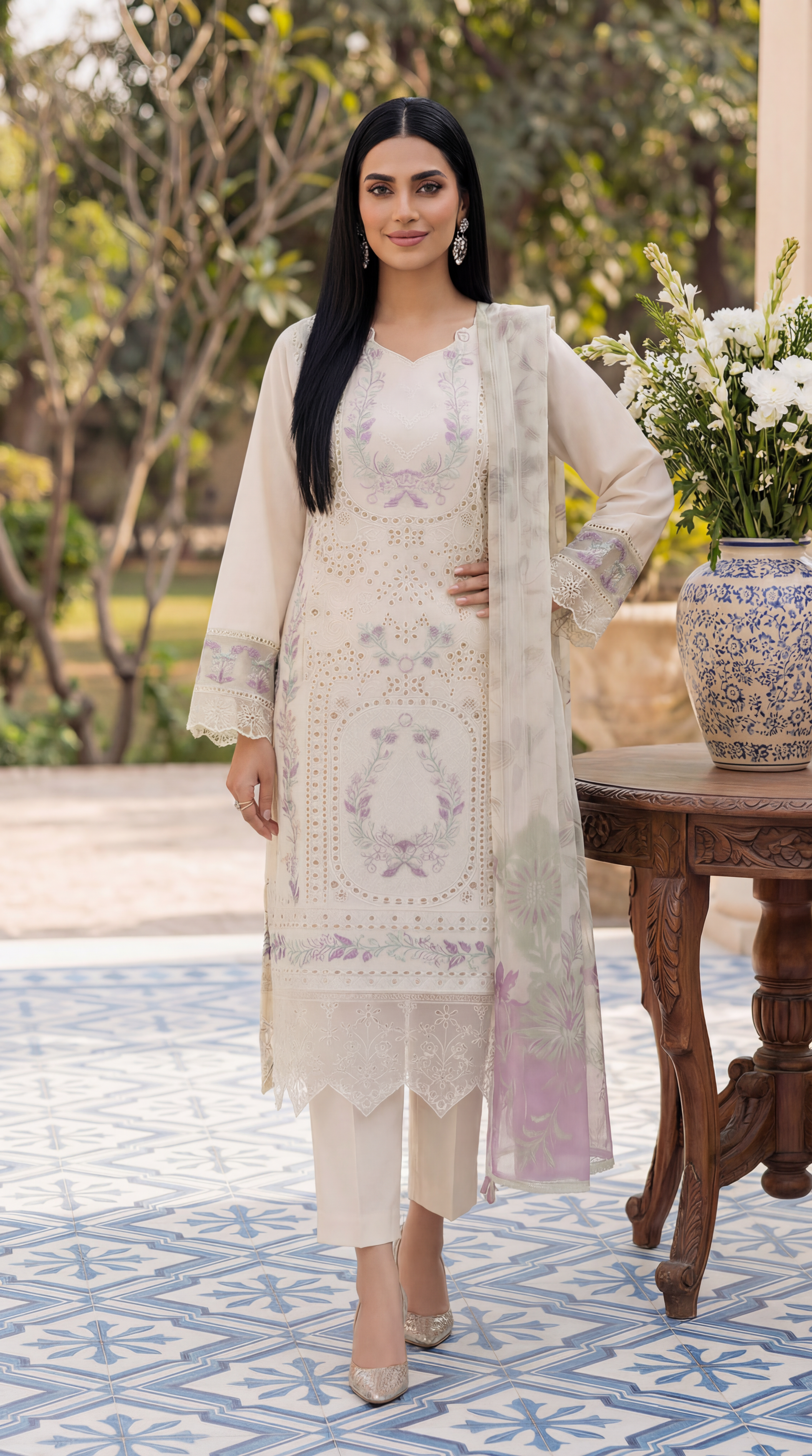 Cotton Embroidered Suit PL01138 Pastel Floral Embroidery 3 Pc CREAM / SML