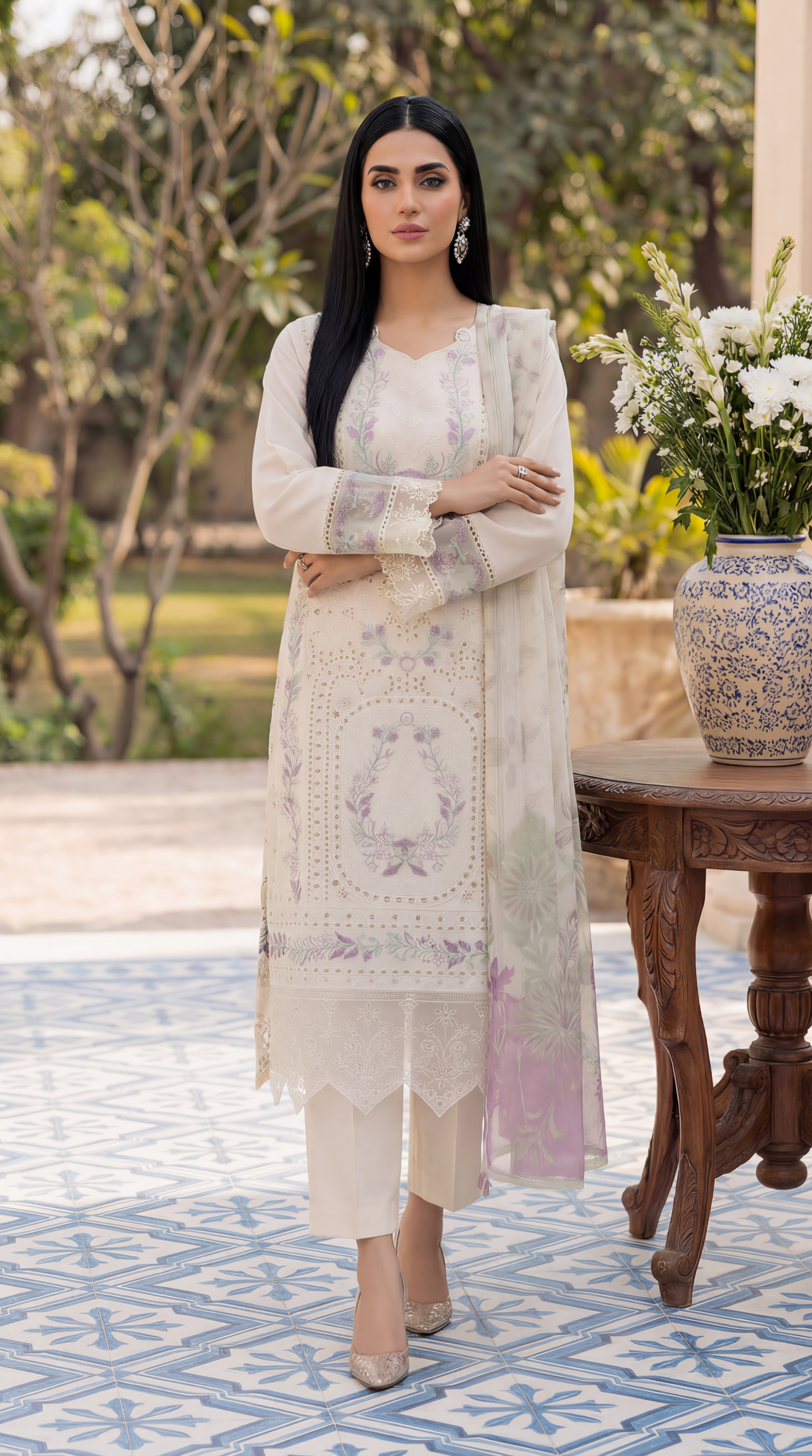 Cotton Embroidered Suit PL01138 Pastel Floral Embroidery 3 Pc CREAM / SML