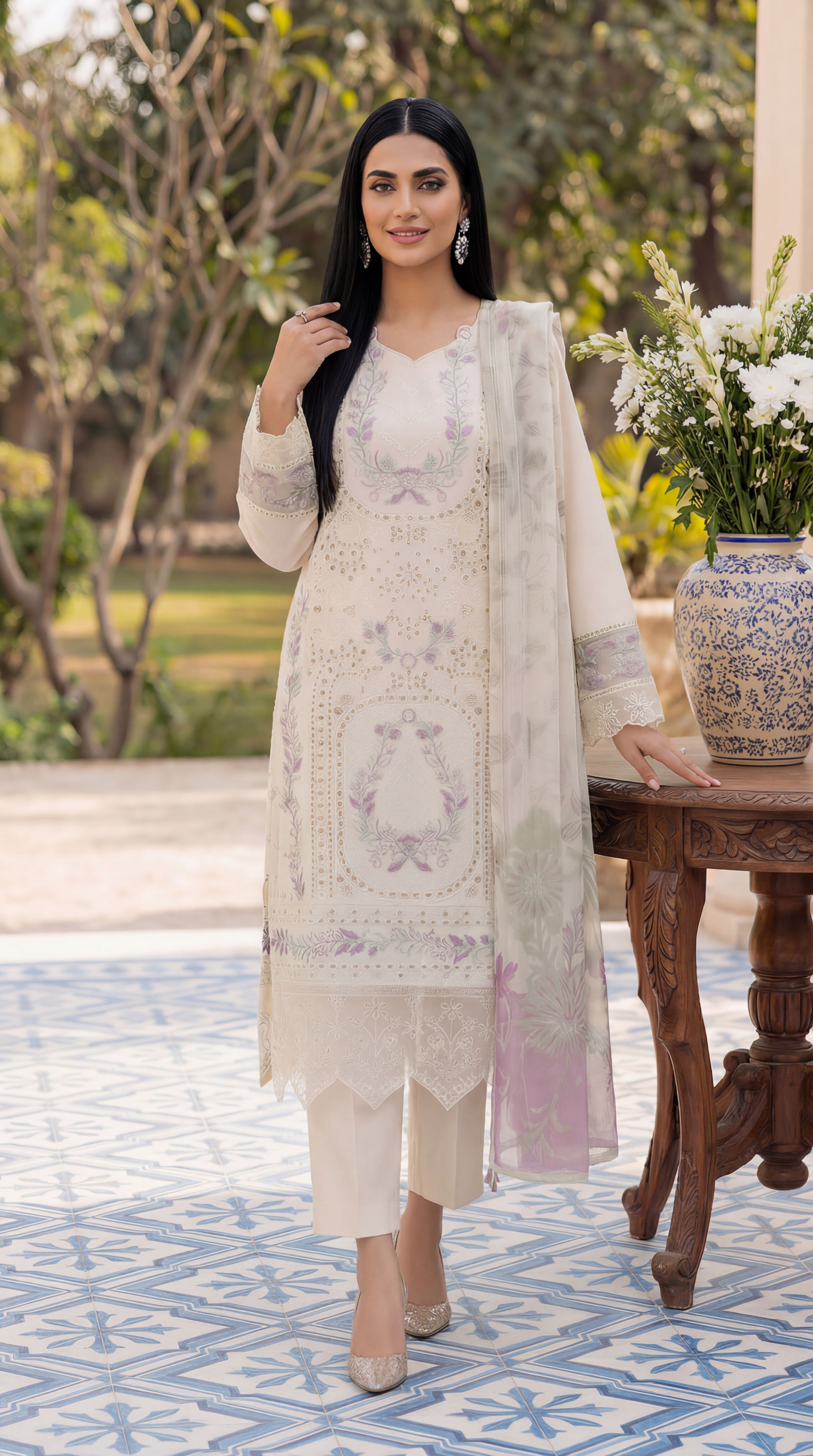Cotton Embroidered Suit PL01138 Pastel Floral Embroidery 3 Pc CREAM / SML