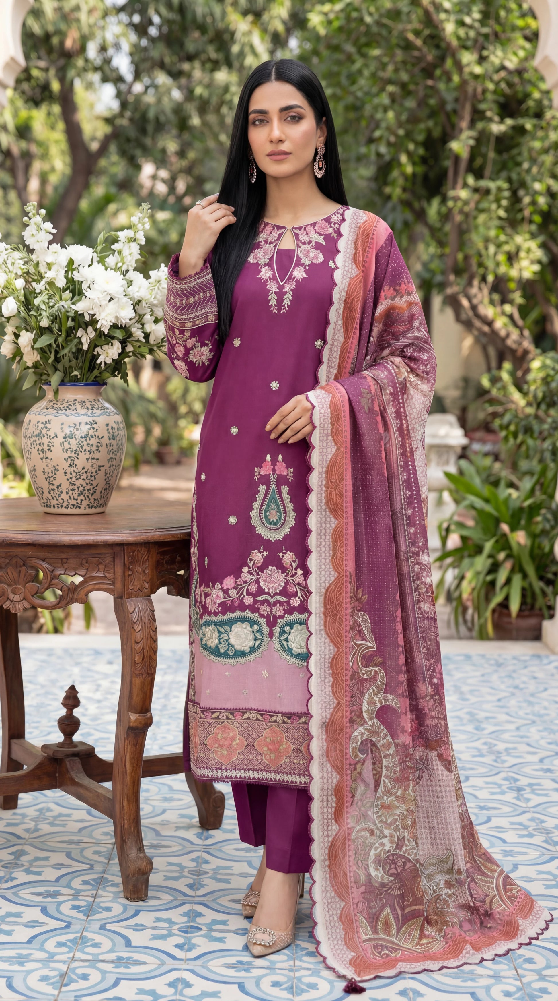 Cotton Printed Suit PL01139 Floral Print 3 Pc Soft Texture PURPLE / SML