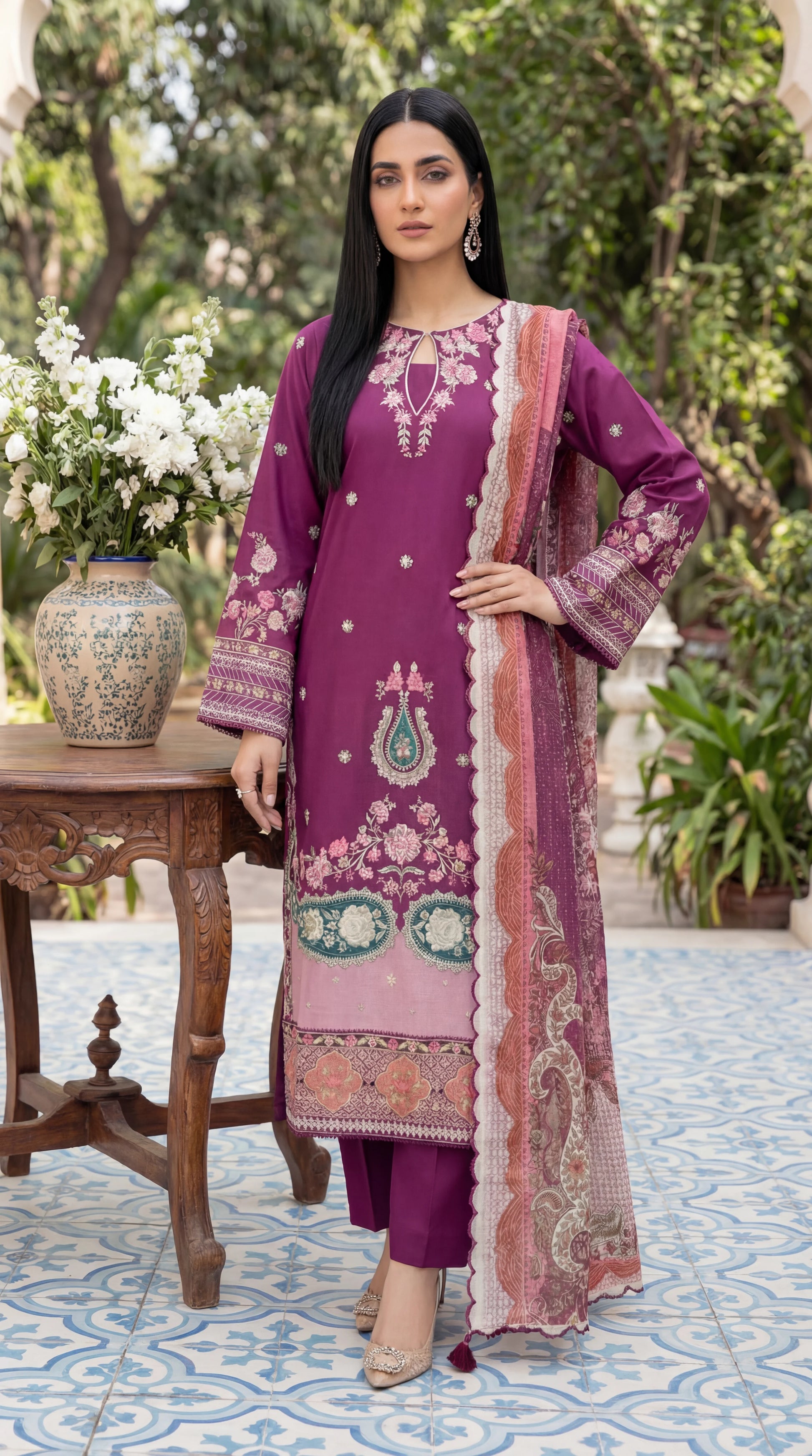 Cotton Printed Suit PL01139 Floral Print 3 Pc Soft Texture PURPLE / SML