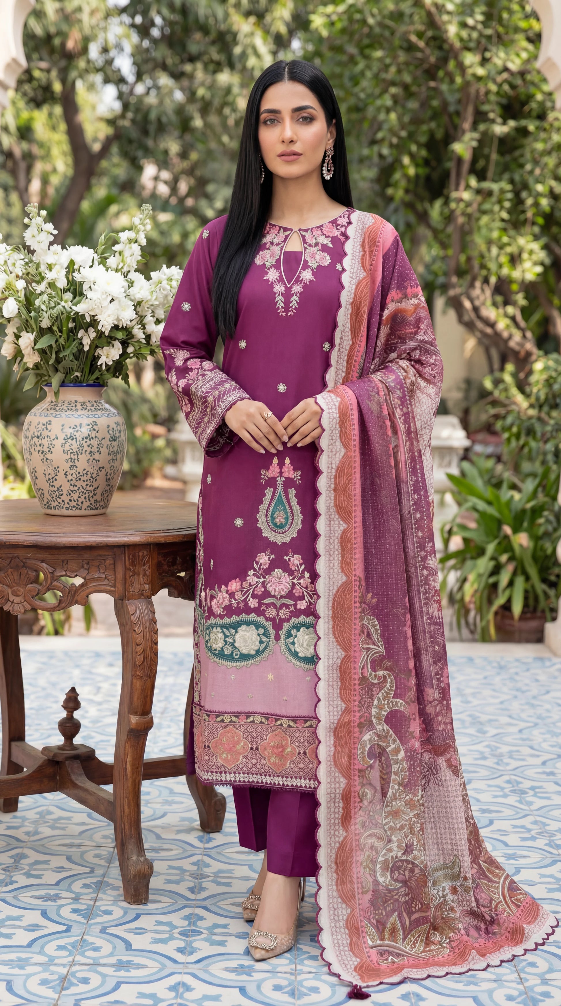 Cotton Printed Suit PL01139 Floral Print 3 Pc Soft Texture PURPLE / SML