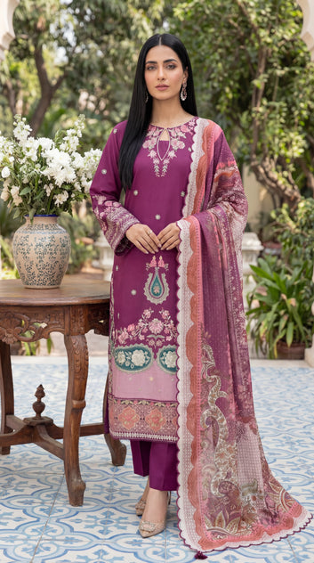 Cotton Printed Suit PL01139 Floral Print 3 Pc Soft Texture PURPLE / SML