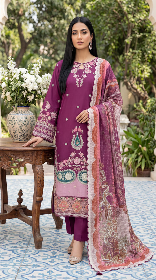 Cotton Printed Suit PL01139 Floral Print 3 Pc Soft Texture PURPLE / SML
