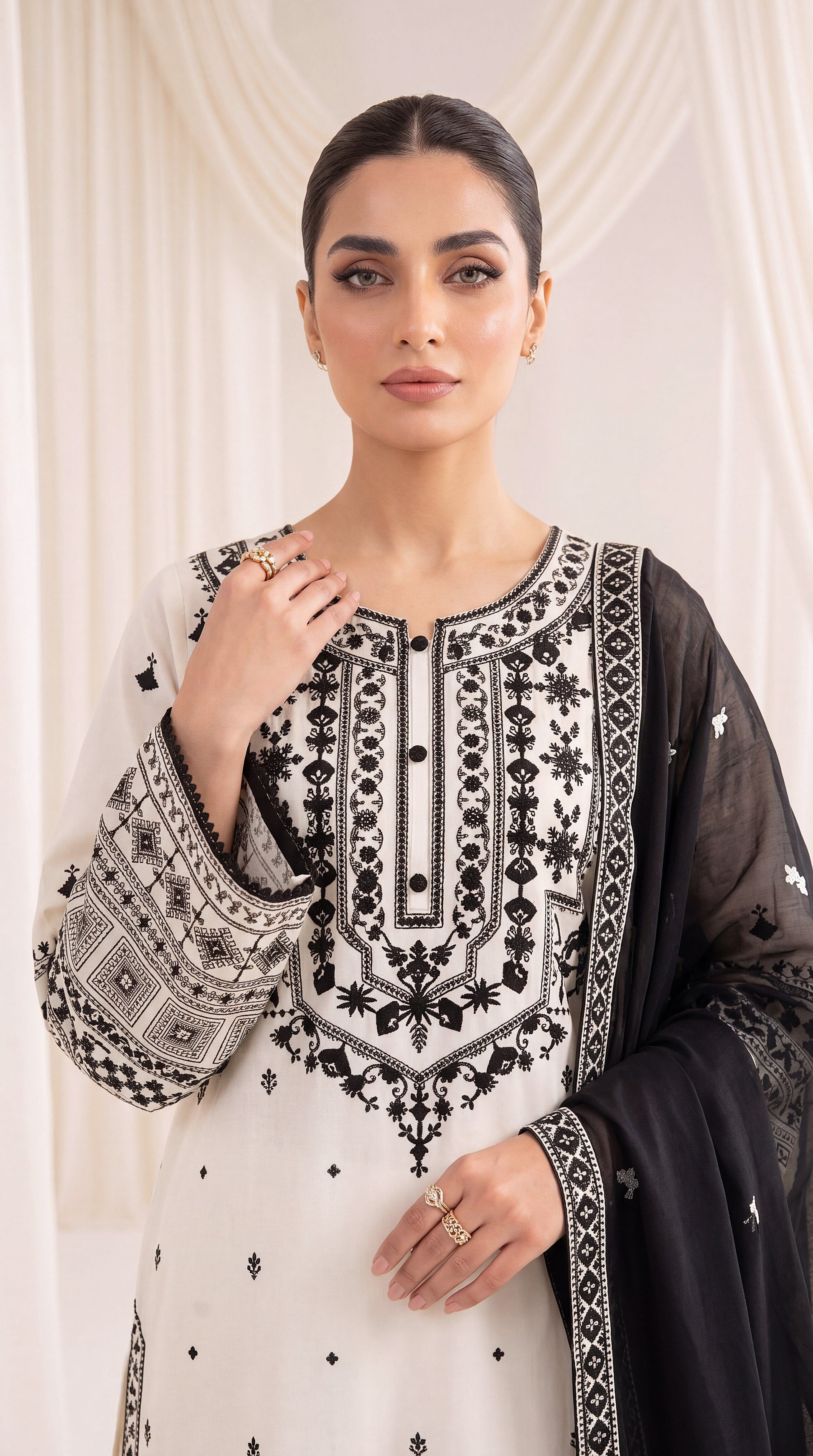 Ladies Embroidered Cambric Suit PL01140 Monochrome Threadwork 3 Piece OFF White / SML