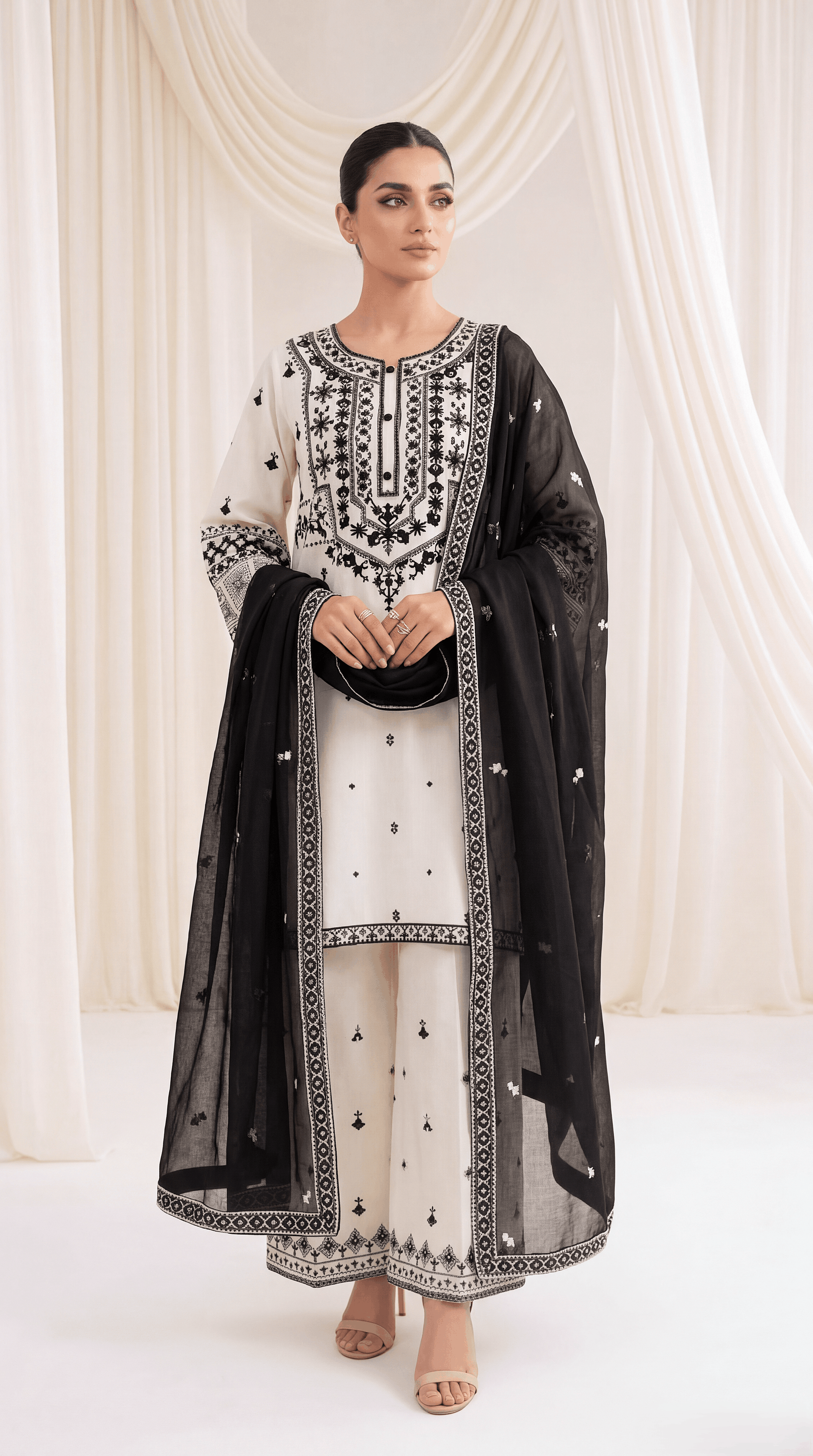 Ladies Embroidered Cambric Suit PL01140 Monochrome Threadwork 3 Piece OFF White / SML
