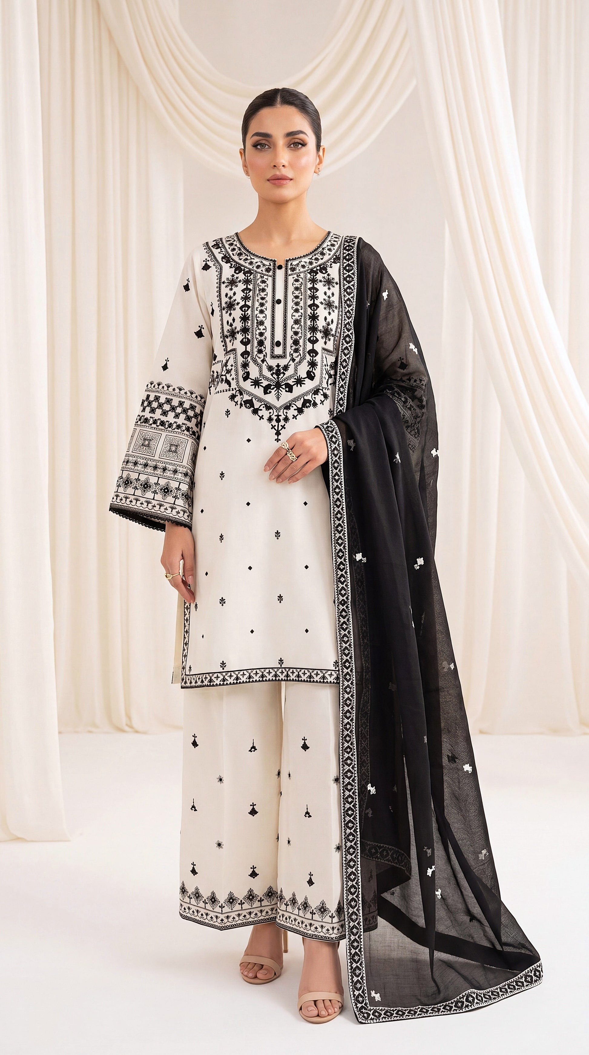 Ladies Embroidered Cambric Suit PL01140 Monochrome Threadwork 3 Piece OFF White / SML