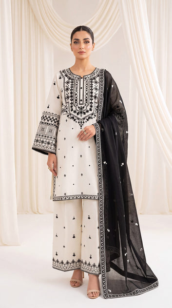 Ladies Embroidered Cambric Suit PL01140 Monochrome Threadwork 3 Piece OFF White / SML