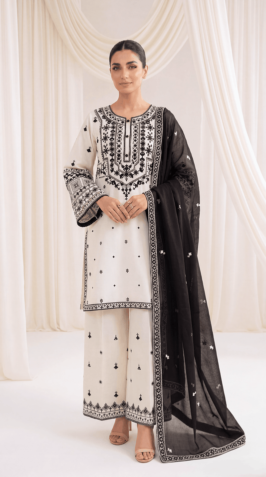 Ladies Embroidered Cambric Suit PL01140 Monochrome Threadwork 3 Piece OFF White / SML