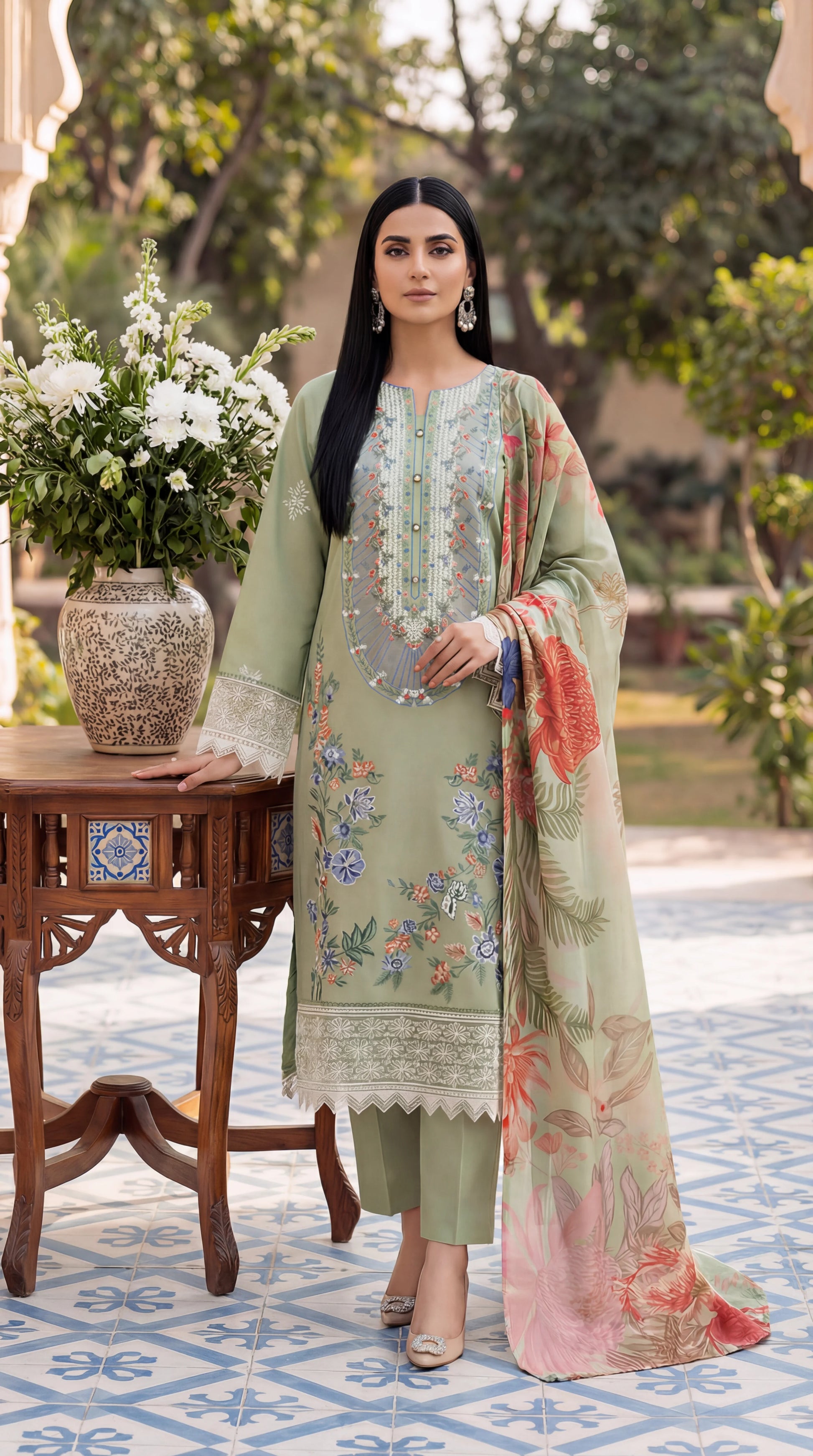 Ladies Cotton Suit PL01142 Floral Print 3 Pc PISTA / SML