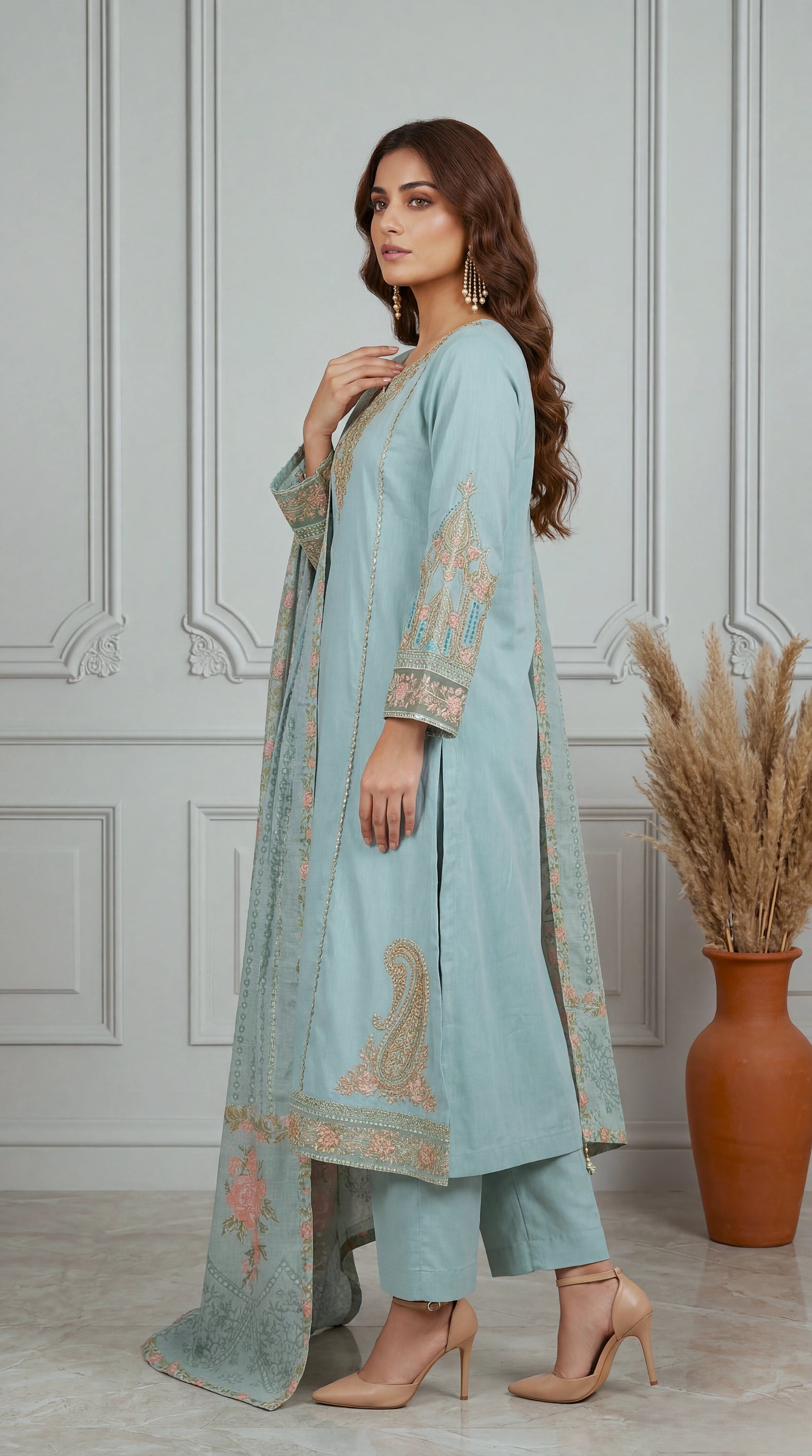 Cotton Embroidered Suit PL01143 Floral Embroidery 3 Pc PISTA / SML