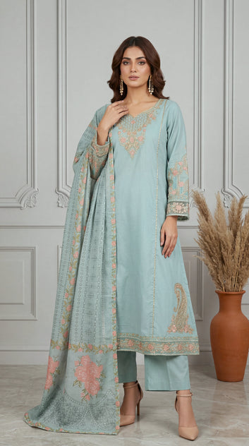 Cotton Embroidered Suit PL01143 Floral Embroidery 3 Pc PISTA / SML
