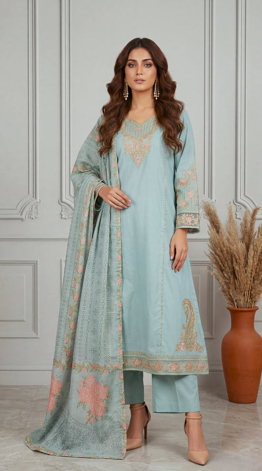 Cotton Embroidered Suit PL01143 Floral Embroidery 3 Pc PISTA / SML