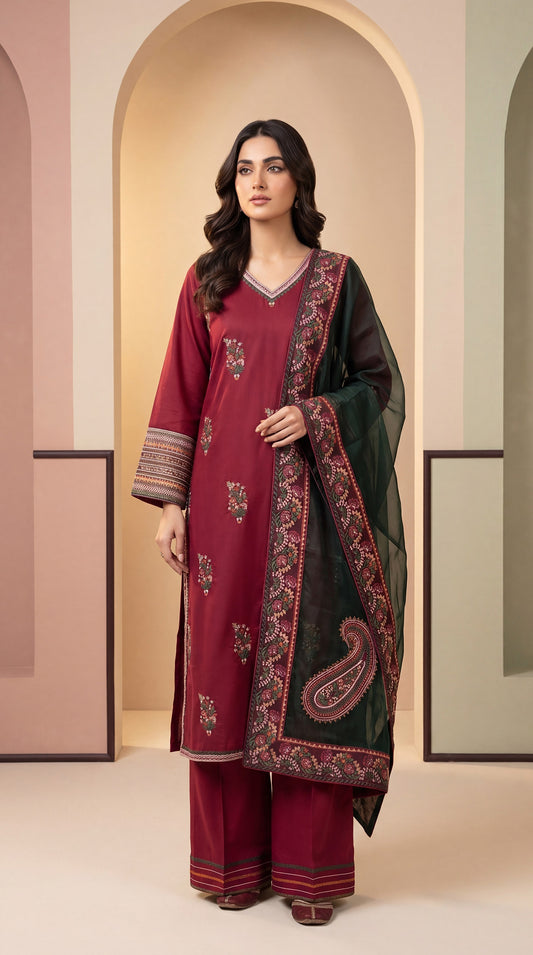 Luxury Lawn Suit PL01144 Floral Embroidery & Organza Dupatta 3 Piece MEHROON / SML
