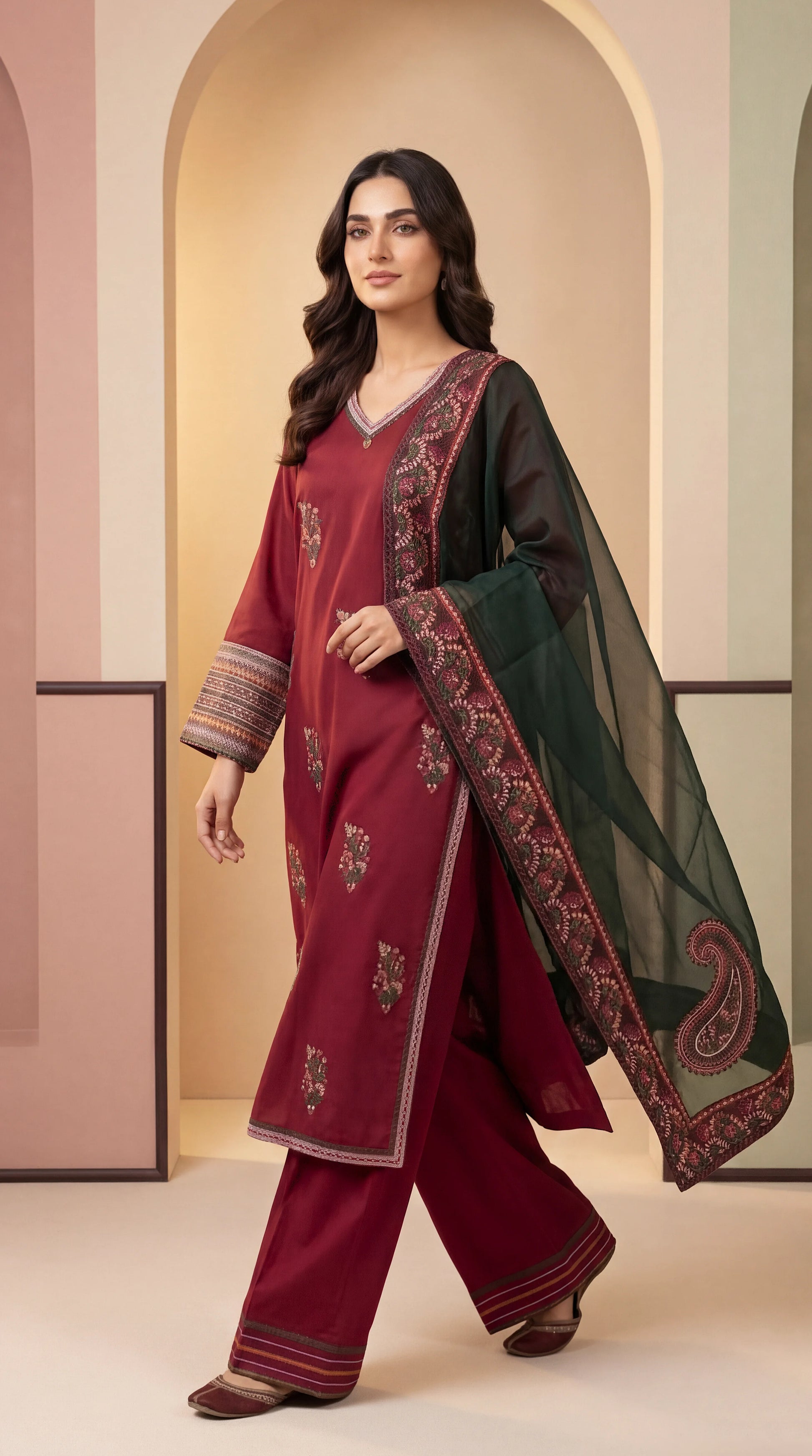 Luxury Lawn Suit PL01144 Floral Embroidery & Organza Dupatta 3 Piece MEHROON / SML