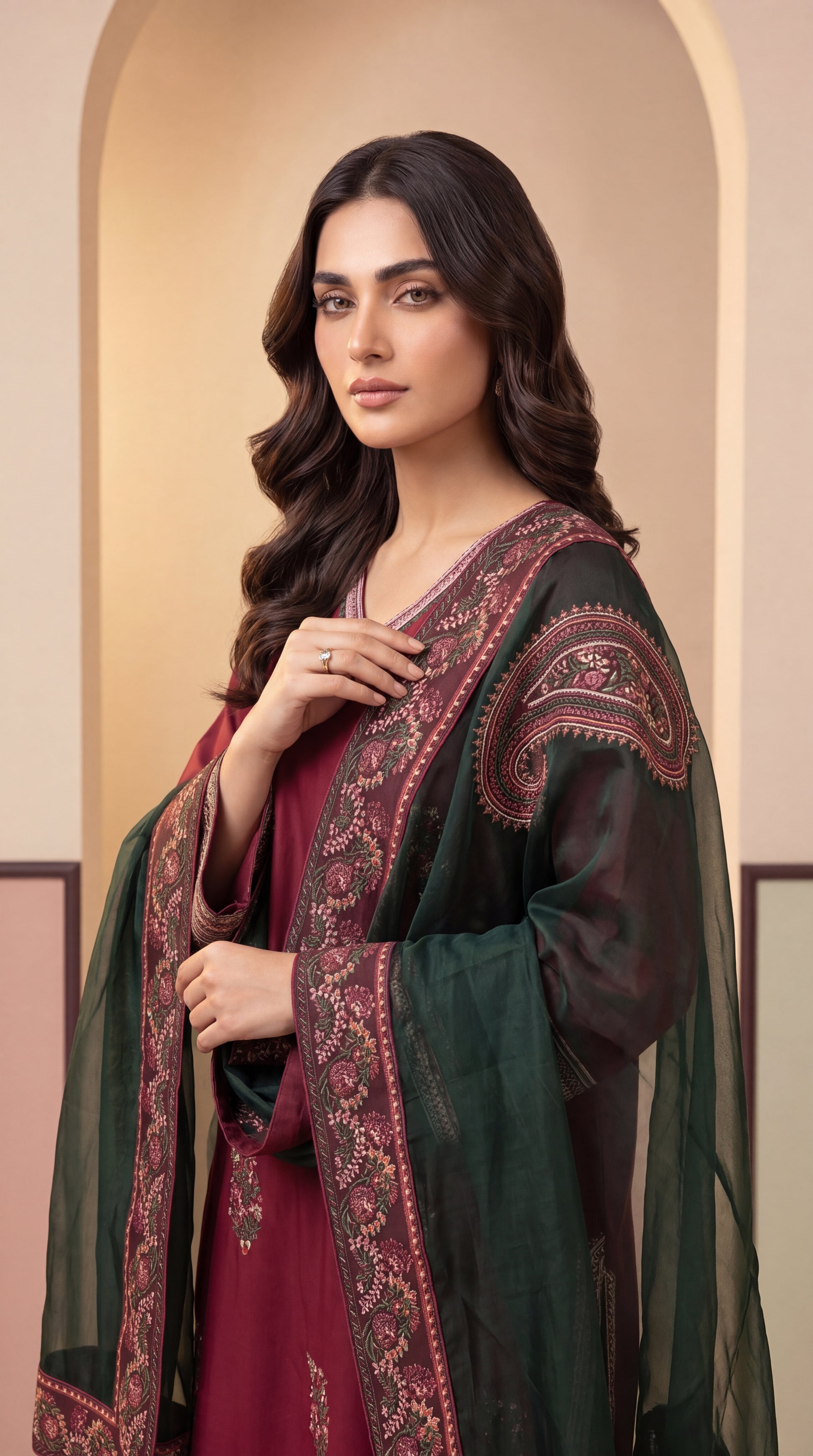 Luxury Lawn Suit PL01144 Floral Embroidery & Organza Dupatta 3 Piece MEHROON / SML