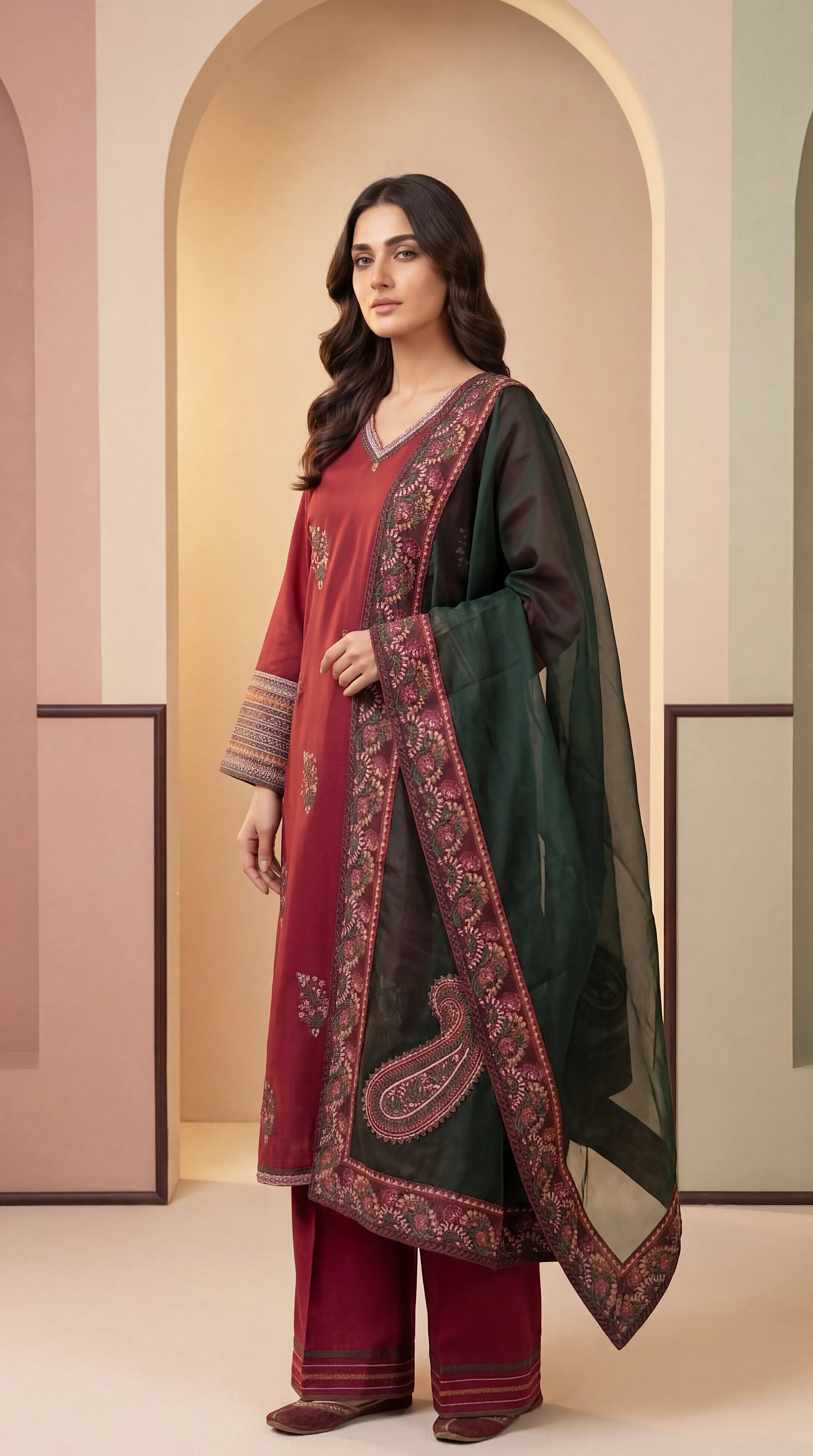 Luxury Lawn Suit PL01144 Floral Embroidery & Organza Dupatta 3 Piece MEHROON / SML