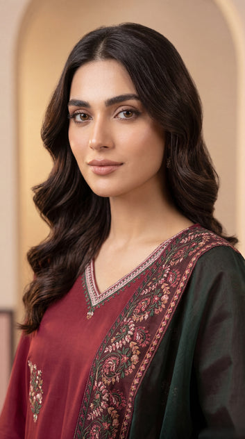 Luxury Lawn Suit PL01144 Floral Embroidery & Organza Dupatta 3 Piece MEHROON / SML