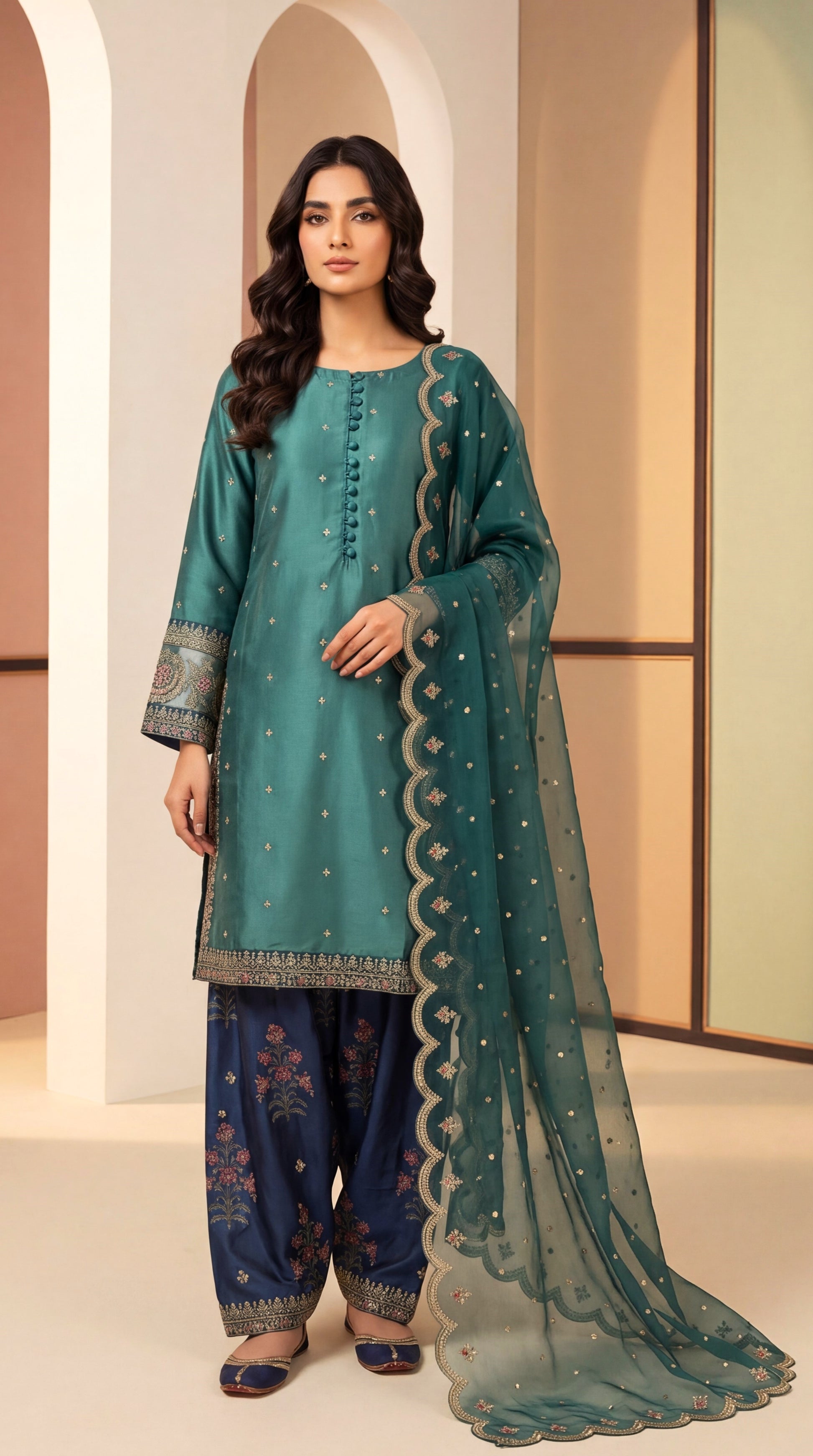 Luxury Lawn Suit PL01145 Embroidered Dupatta & Printed Shalwar 3 Piece GREEN / SML
