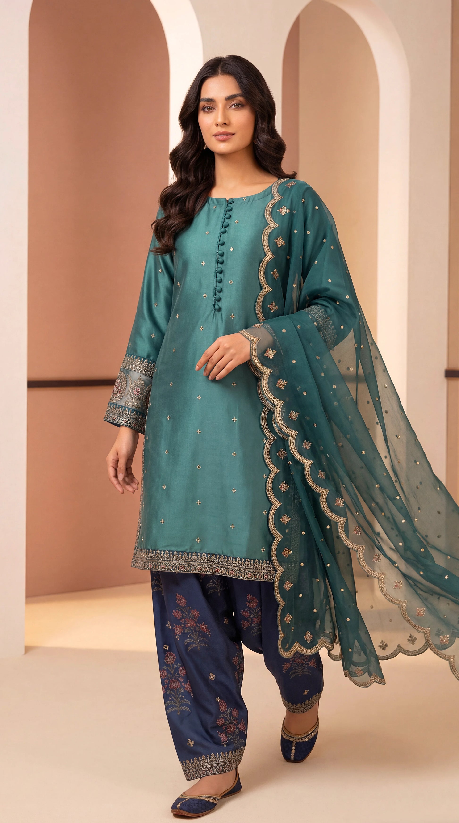 Luxury Lawn Suit PL01145 Embroidered Dupatta & Printed Shalwar 3 Piece GREEN / SML