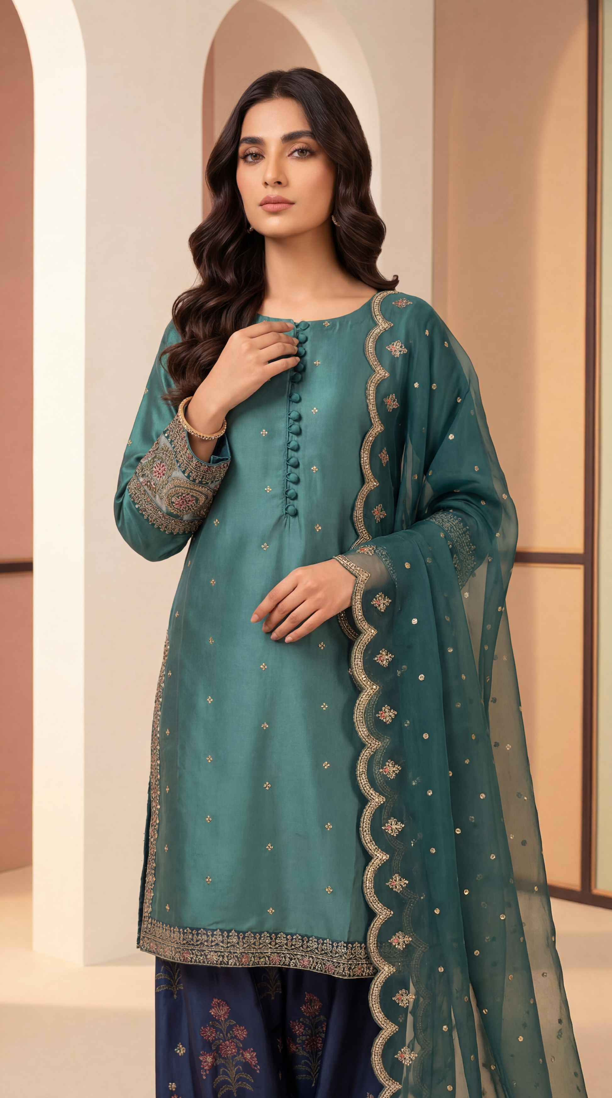 Luxury Lawn Suit PL01145 Embroidered Dupatta & Printed Shalwar 3 Piece GREEN / SML