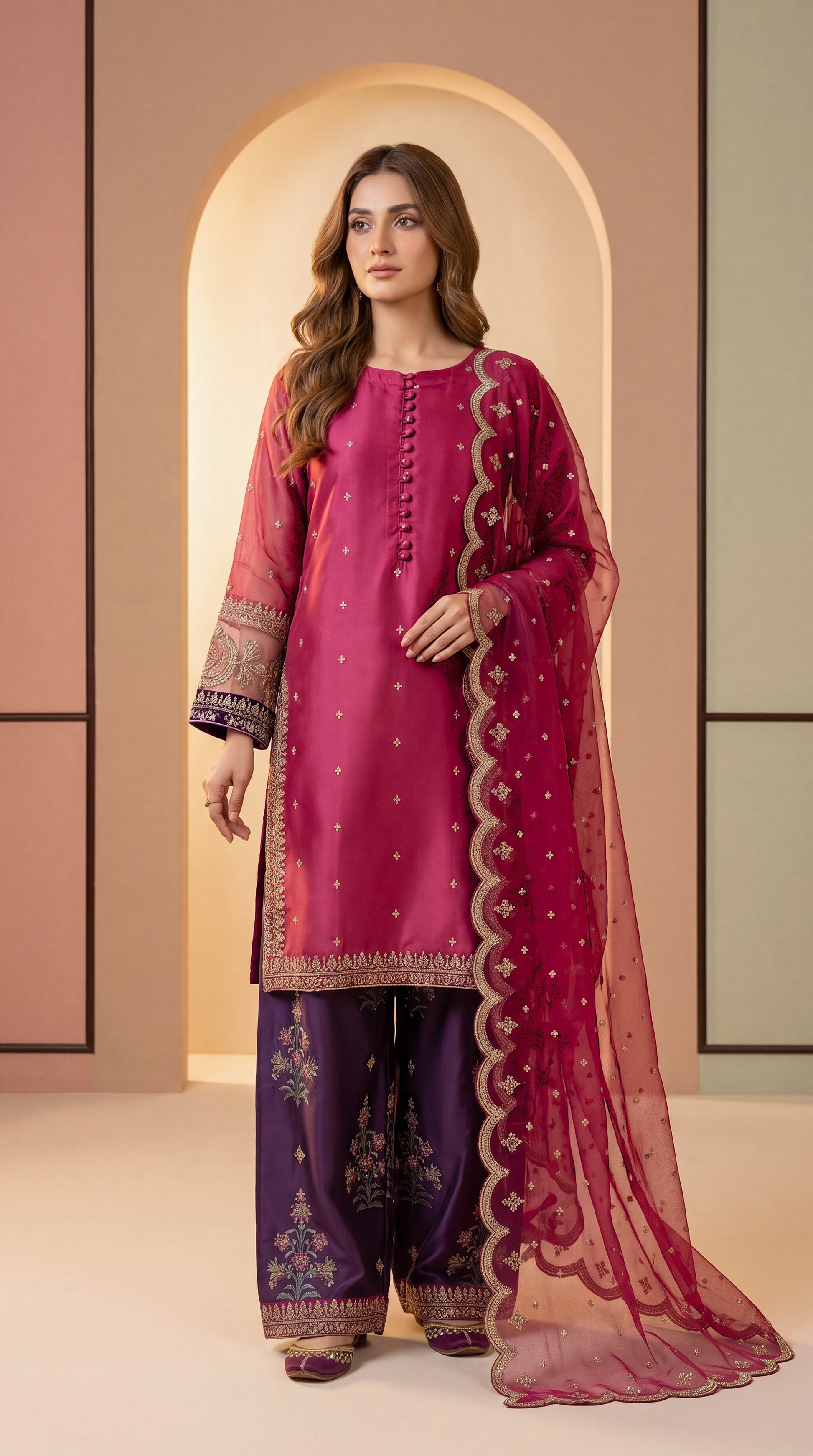 Luxury Lawn Suit PL01145 Embroidered Dupatta & Printed Shalwar 3 Piece PINK / SML