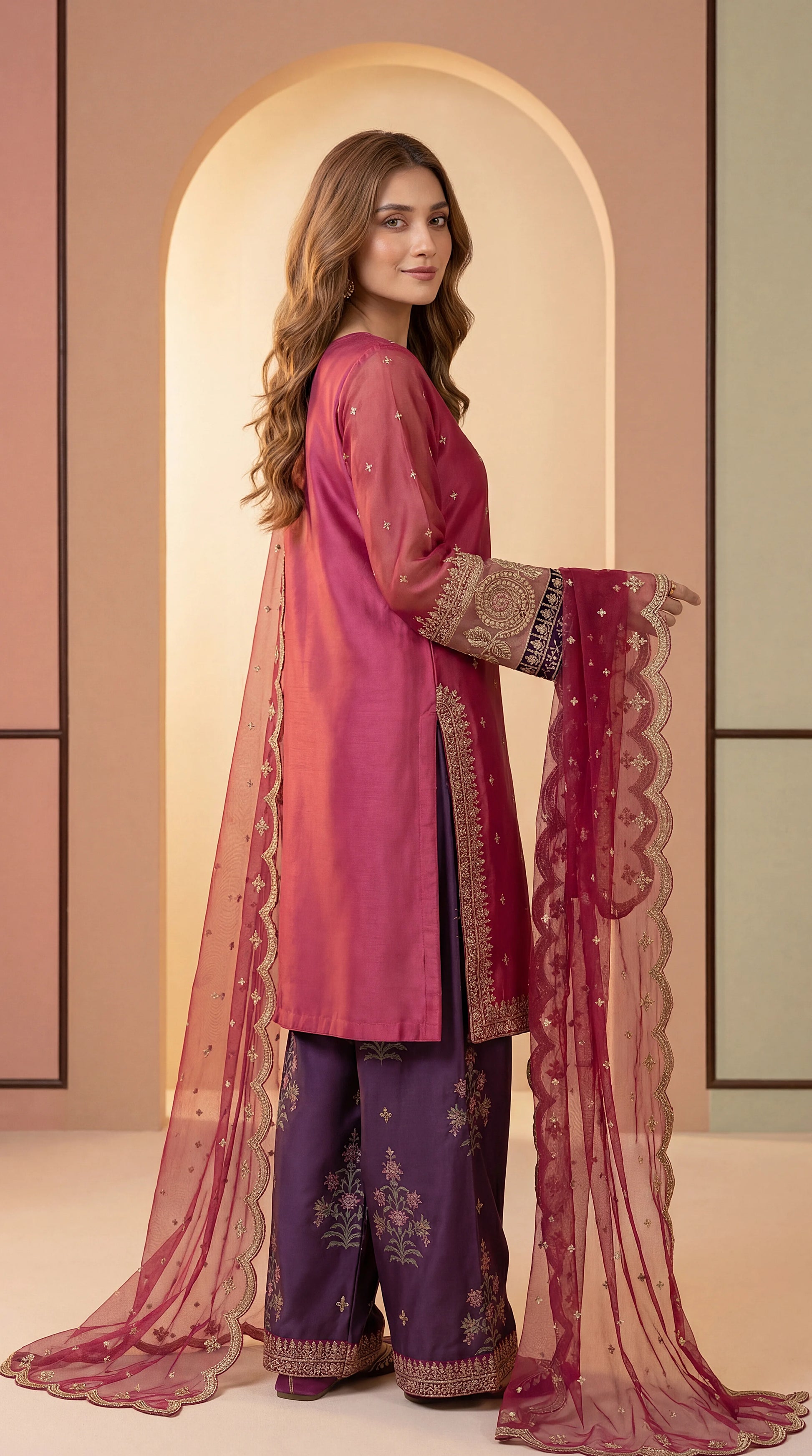 Luxury Lawn Suit PL01145 Embroidered Dupatta & Printed Shalwar 3 Piece PINK / SML