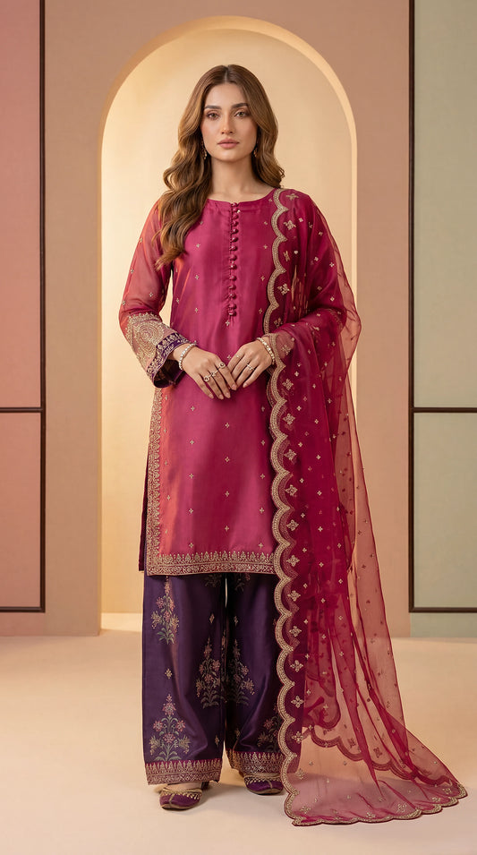 Luxury Lawn Suit PL01145 Embroidered Dupatta & Printed Shalwar 3 Piece PINK / SML