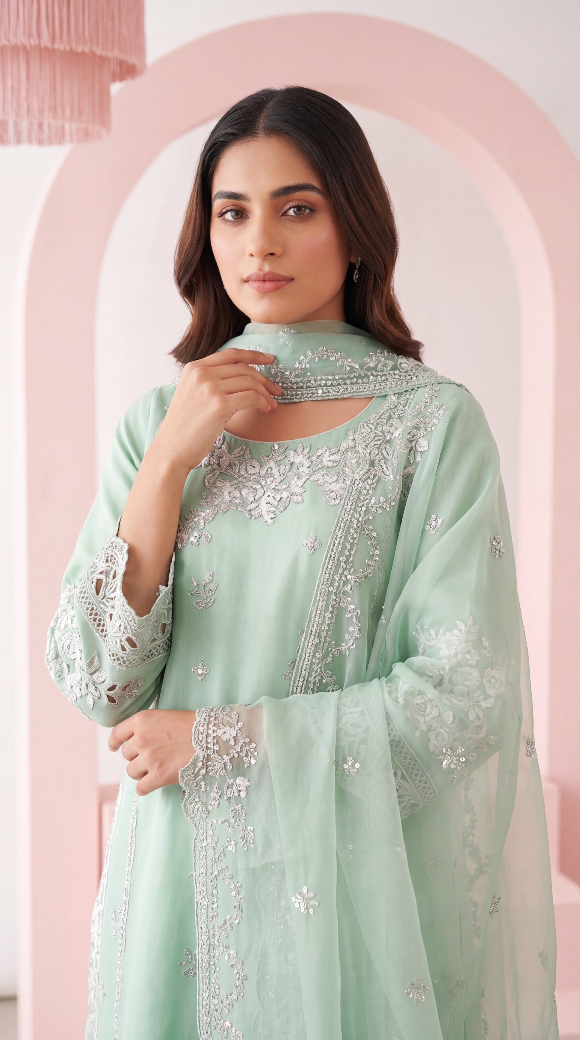 Luxury  PL01152 Mint Embroidered Pearl Finish 3 Piece C GREEN / SML