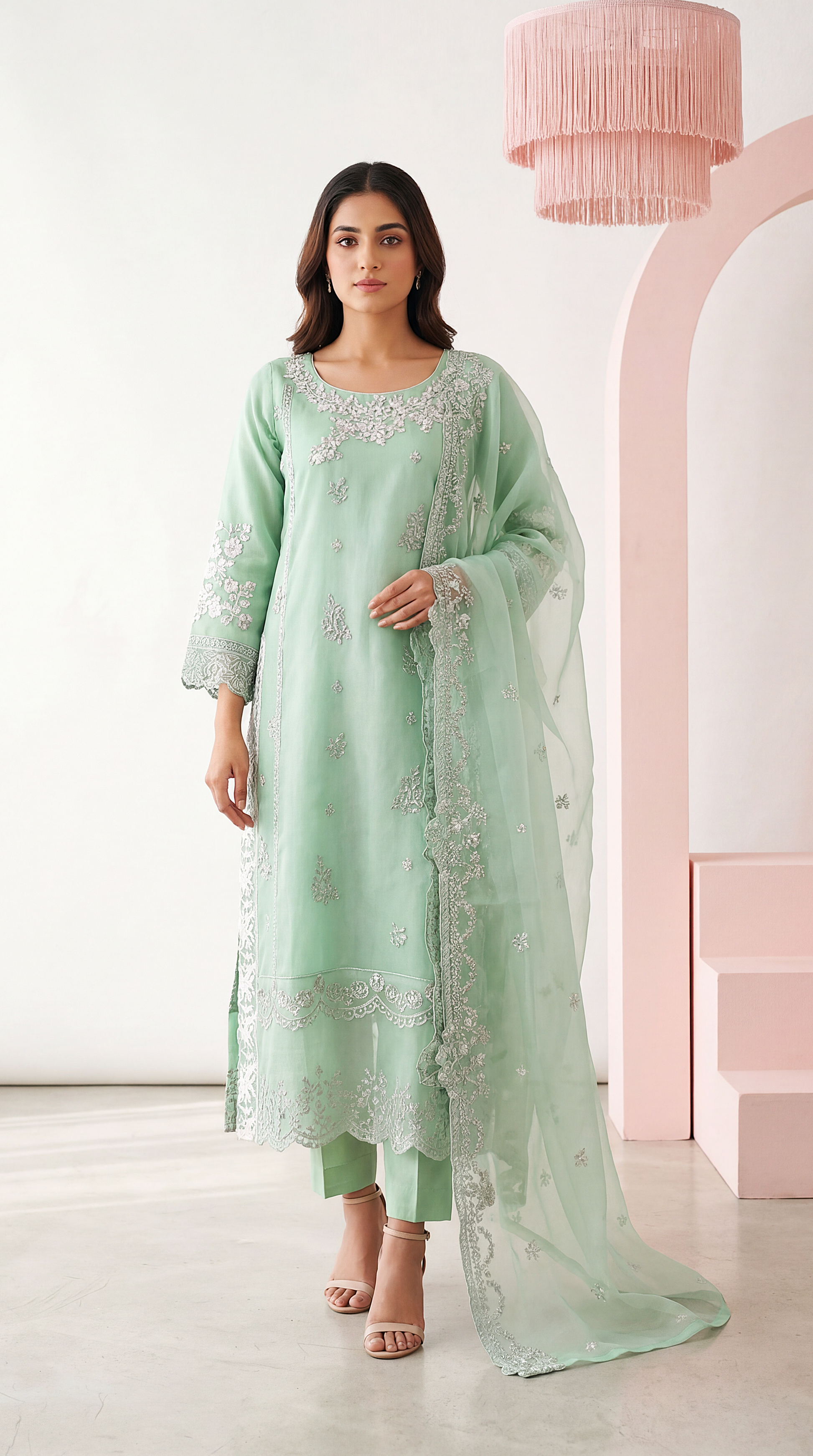 Luxury  PL01152 Mint Embroidered Pearl Finish 3 Piece C GREEN / SML