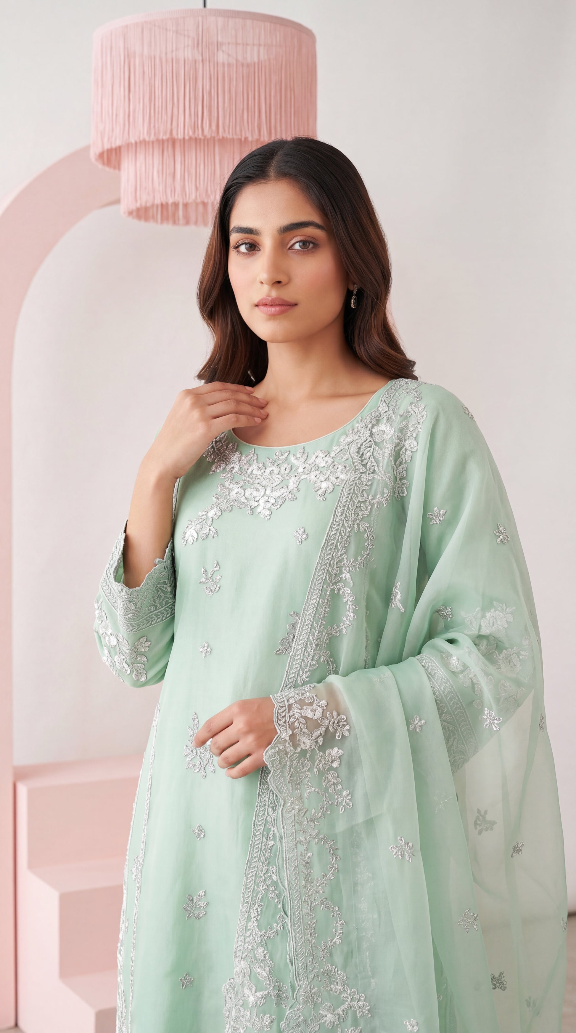 Luxury  PL01152 Mint Embroidered Pearl Finish 3 Piece C GREEN / SML